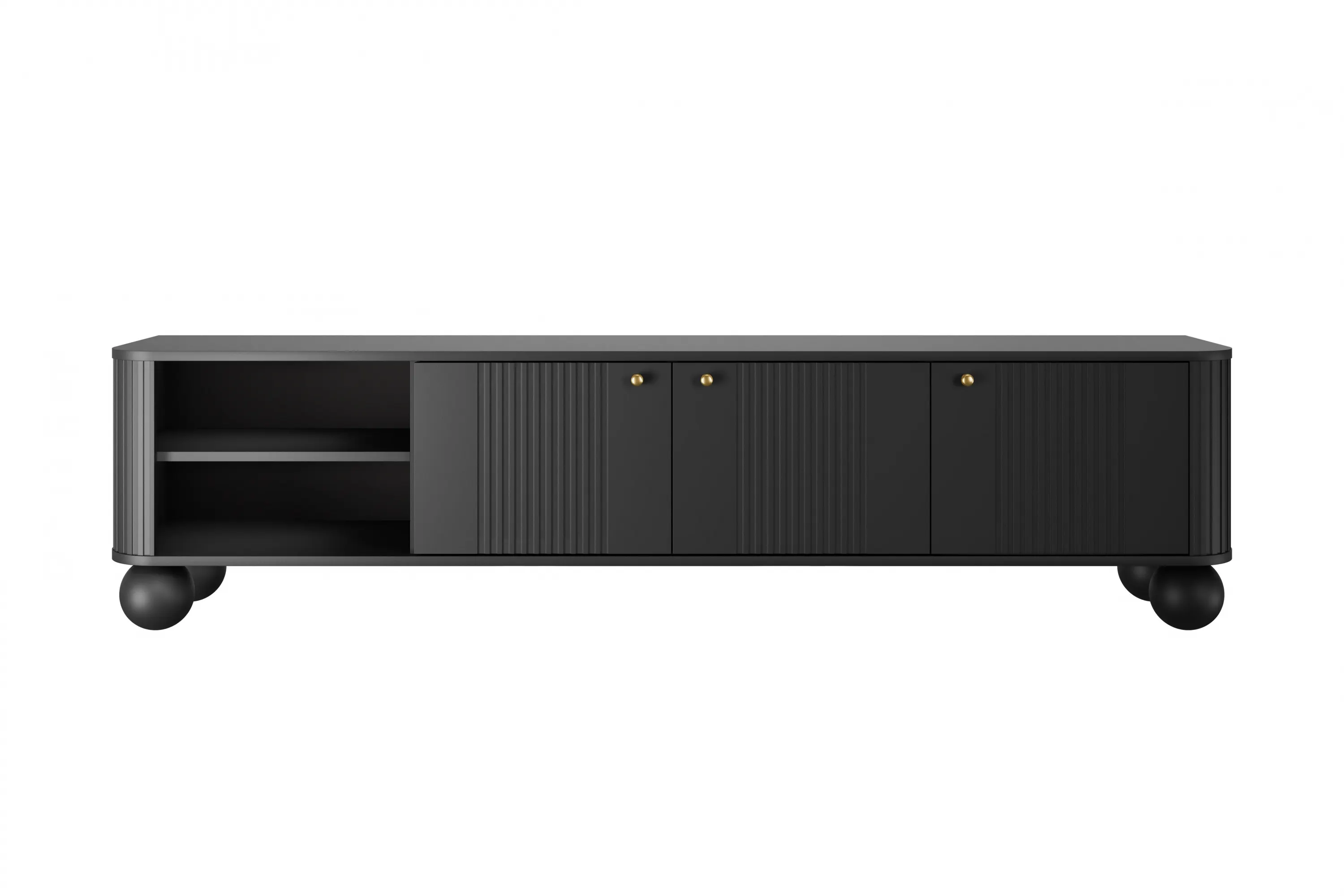 Szafka RTV 3-drzwiowa VESPER RTV 187 ryflowany front czarna złote uchwyty nogi kule - B_163694