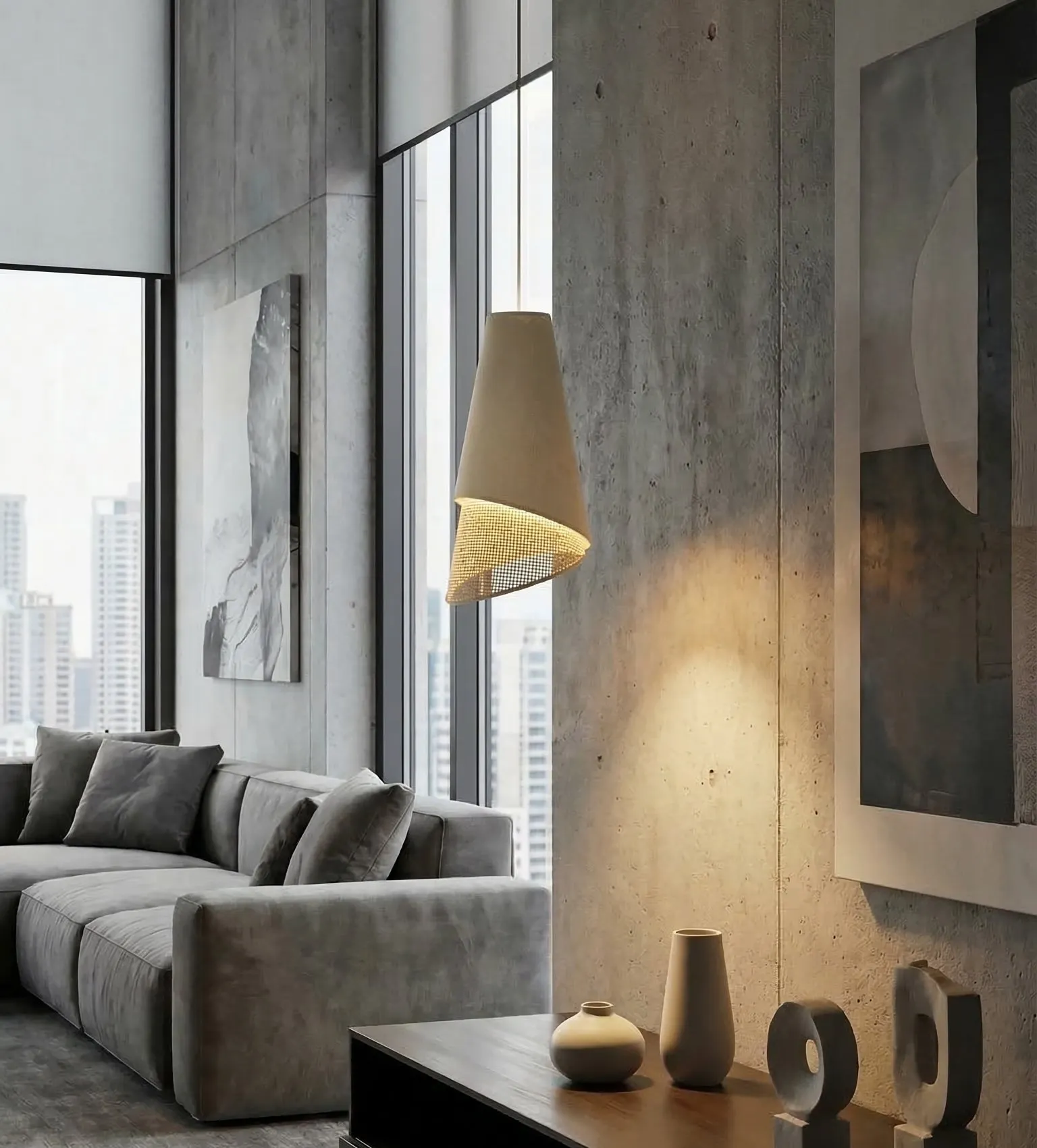 lamp hanging, gray living room, fabric sofa, decorative fixture, lighting scheme grayish