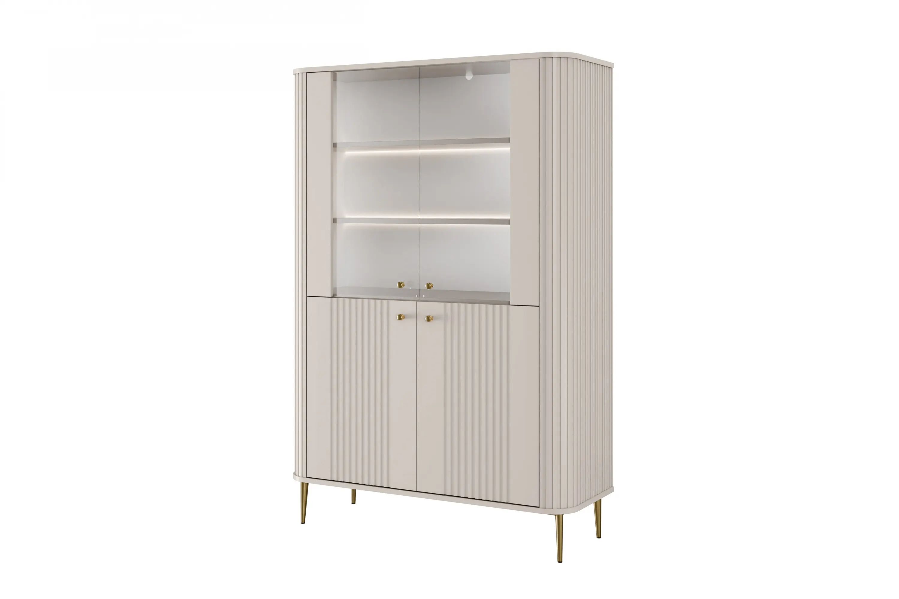 Witryna 4-drzwiowa z oświetleniem VESPER 103 ryflowany front cashmere  złote nogi