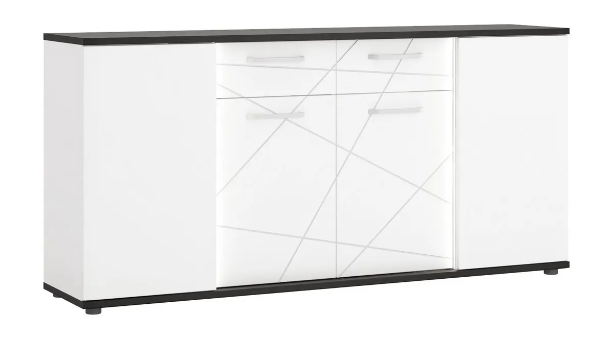 VENEZIA VENK02 KOMODA 4D2S BIAŁA ALPEJSKA/DĄB VICENZA CZARNY/MDF BIAŁY POŁYSK Wójcik Meble, Kredens, Gabinet, Skrzynka pocztowa