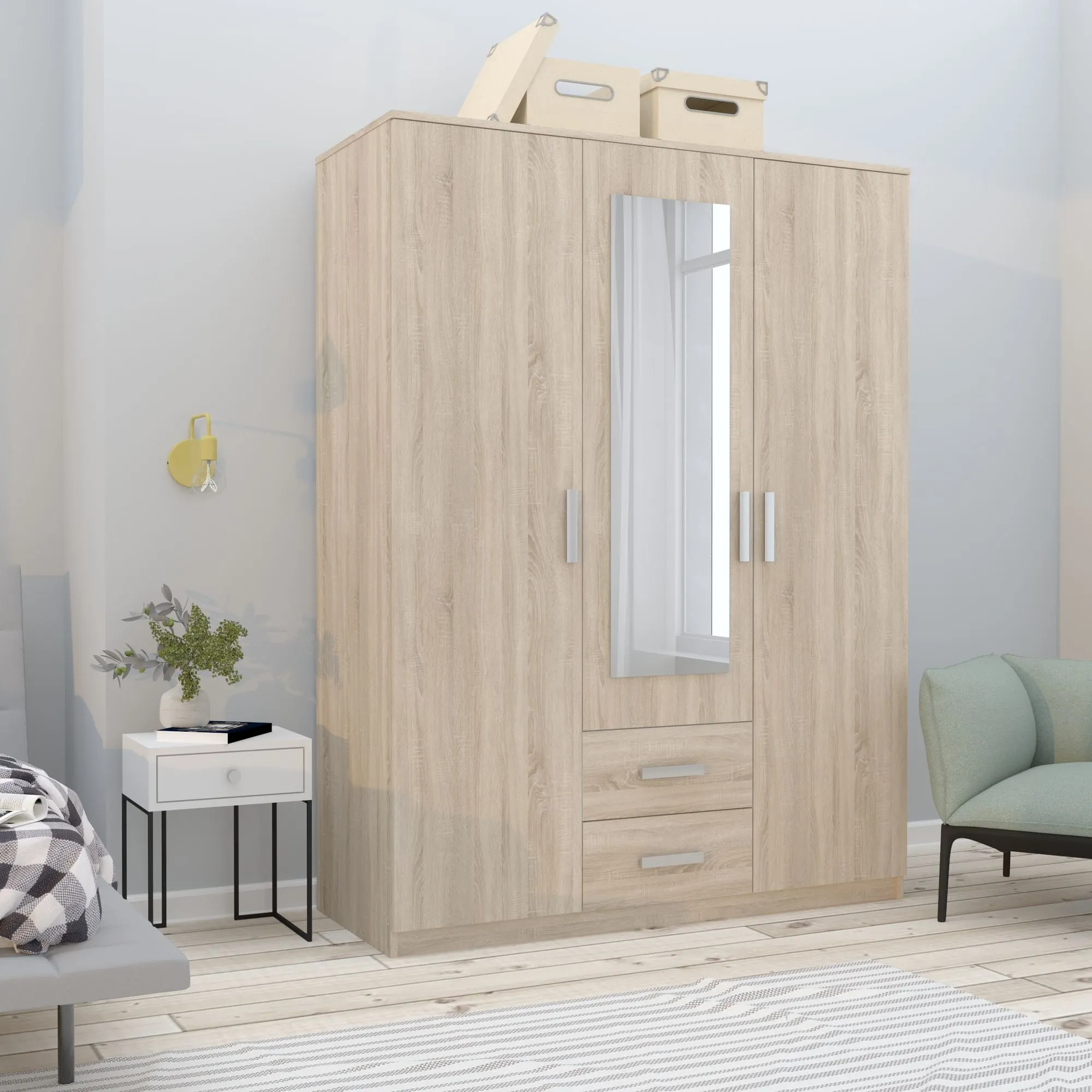 Szafa 3-drzwiowa z 2 szufladami i lustrem TAMINA dąb sonoma - INT_5002650