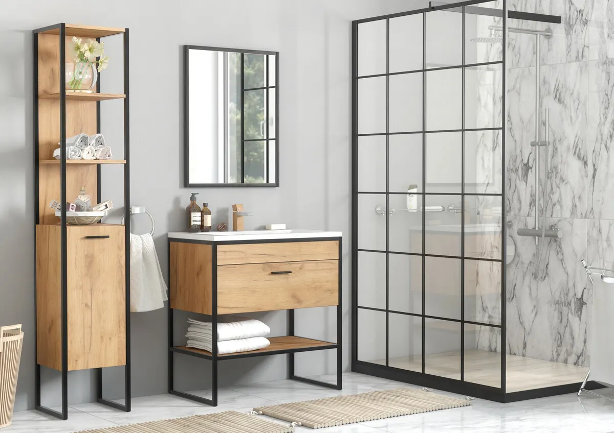 Szafka pod umywalkę BROOKLIN 90x75x50 dąb craft/czarny metalowy stelaż