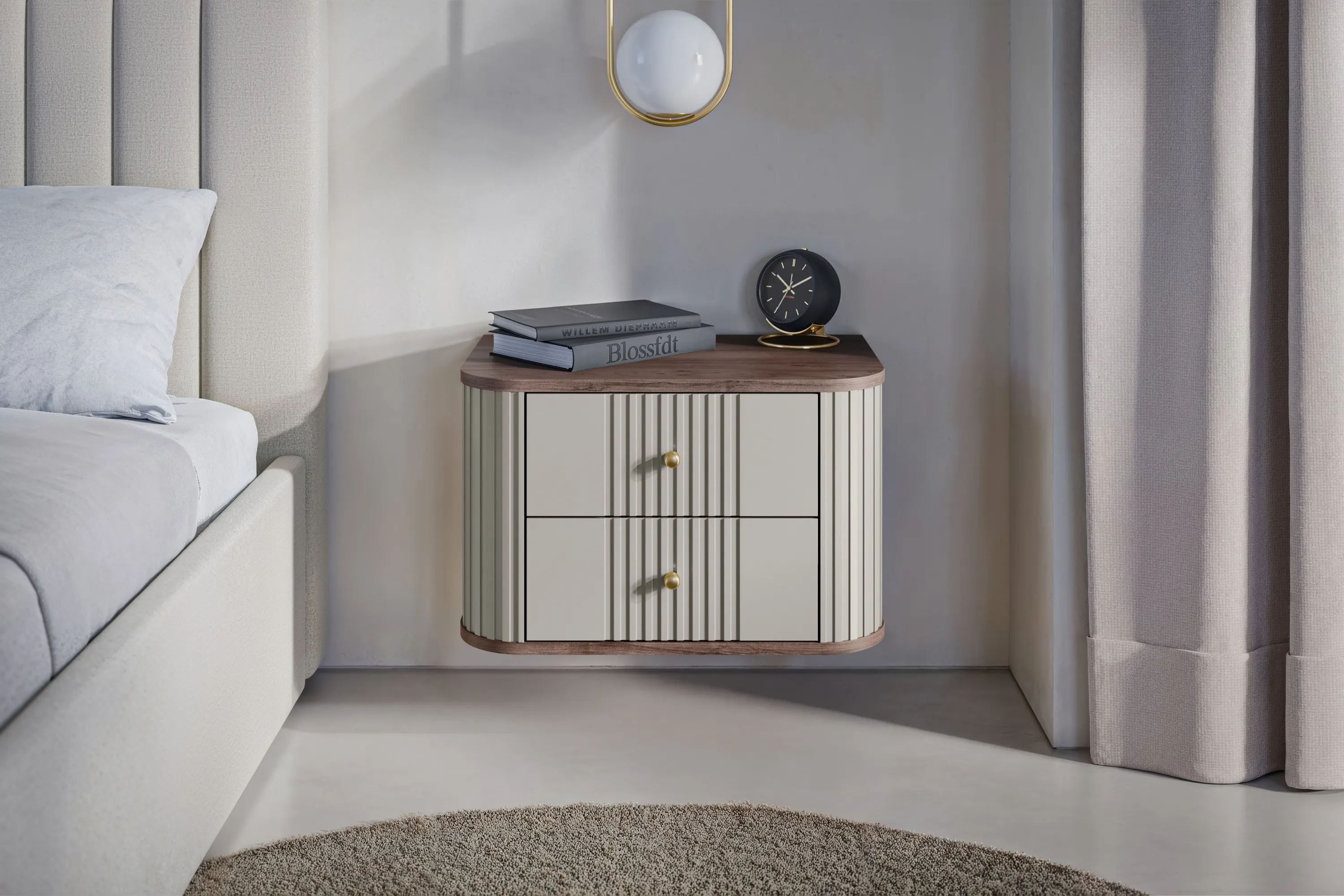 Szafka nocna wisząca z 2 szufladami VESPER 56 zestaw 2 sztuk ryflowany front cashmere orzech złote uchwyty - B_163840