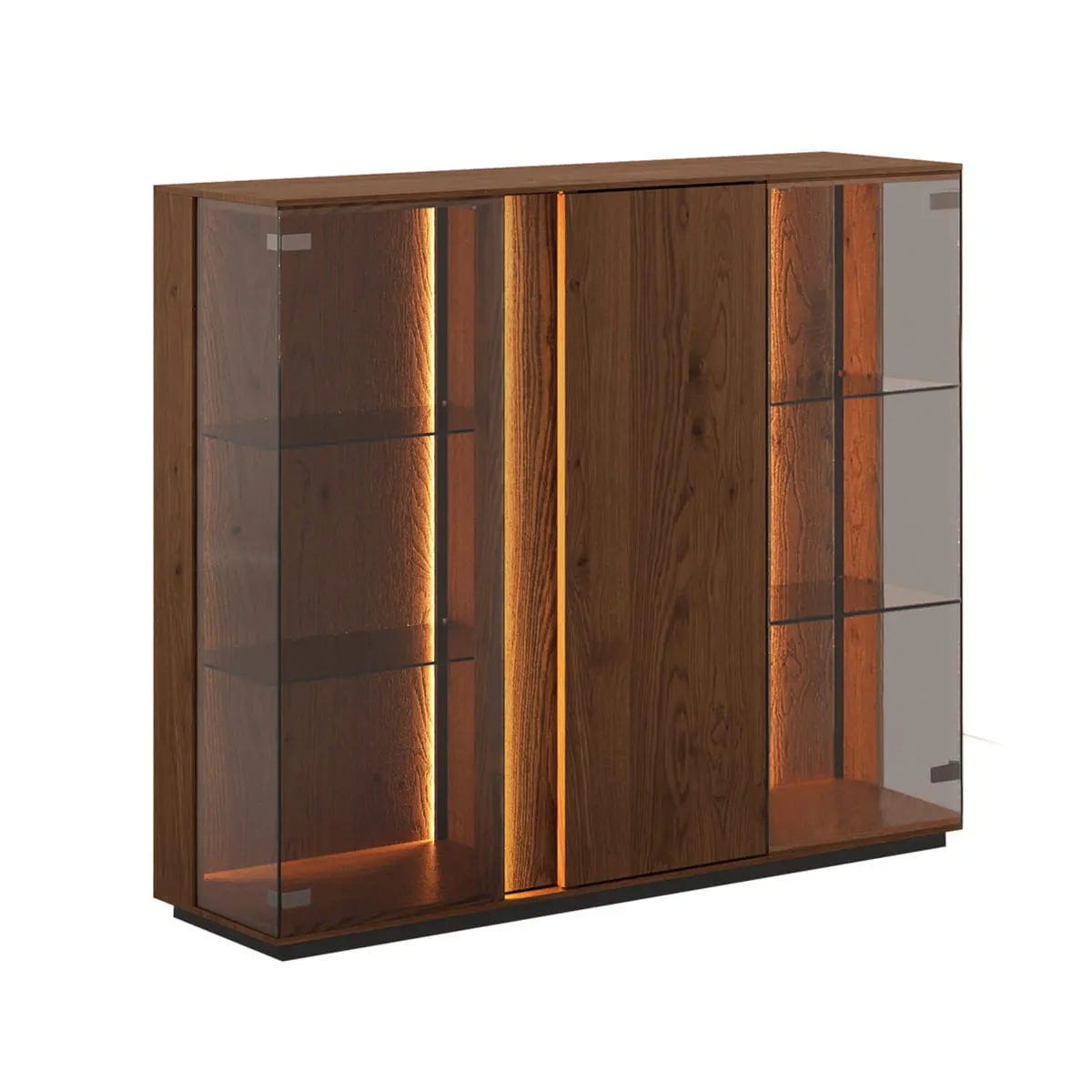 Witryna niska szklana dębowa COLLODI z oświetleniem - tabacco Meble, Kredens, Szafka, Drewno