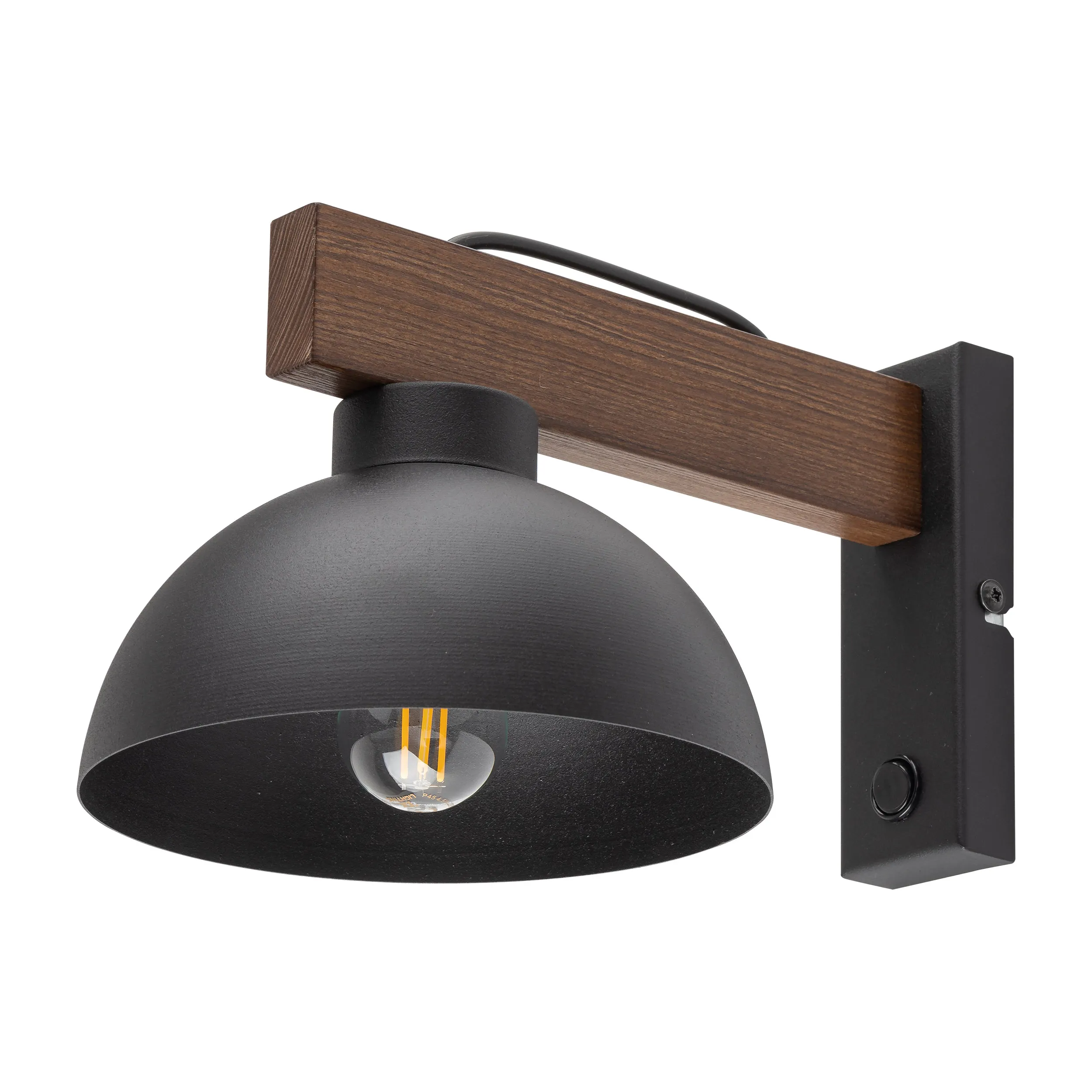 Kinkiet OSLO czarny na drewnianym ramieniu z ciemnego orzecha z włącznikiem 28x18x16cm - TK_4963