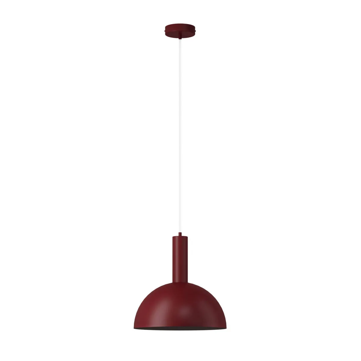 lampa wisząca, pojedyncza żarówka, ceglany kolor, metalowy klosz, półkulowy kształt