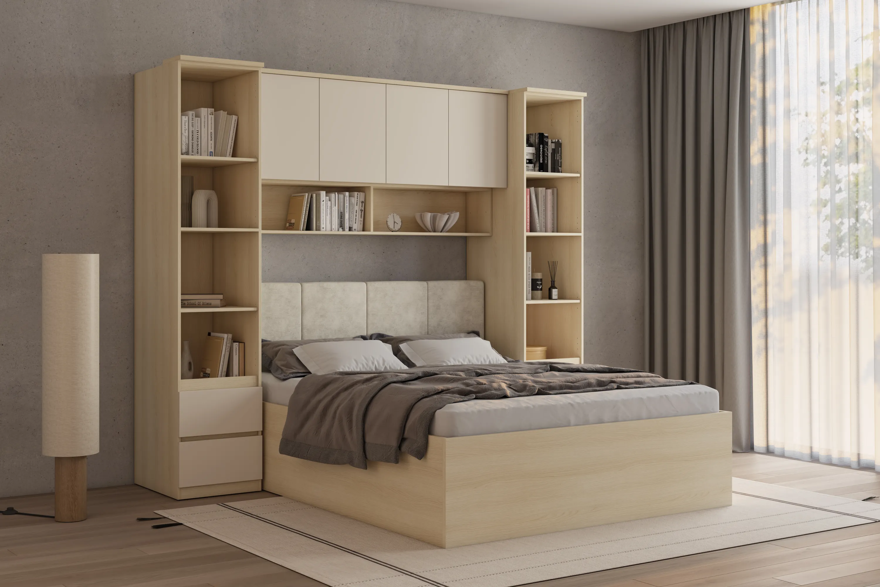 image łóżko, meblościanka, szafa z półkami, drewniane meble, sypialnia