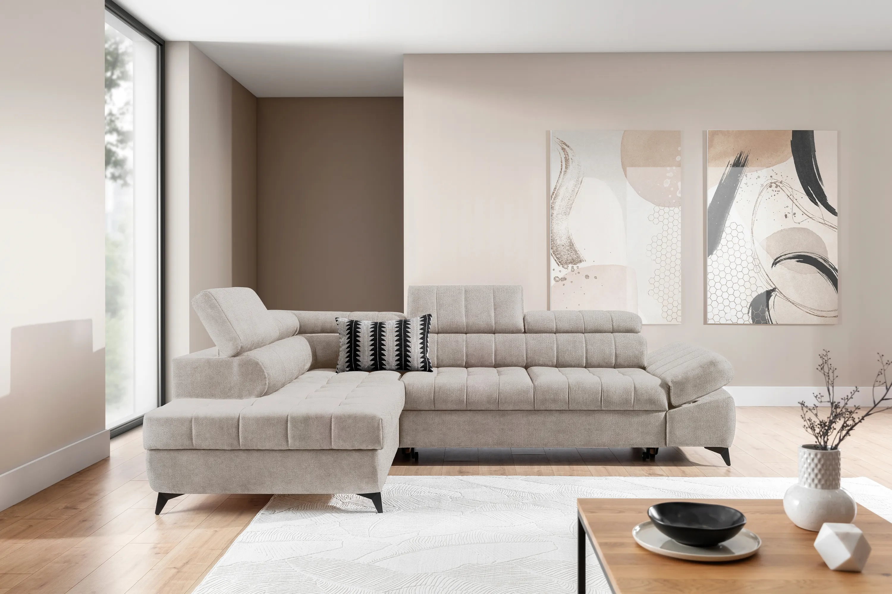 Narożnik lewostronny VALORIS L regulowane zagłówki i podłokietniki tkanina Perfect Harmony 07 beżowy - B_162921