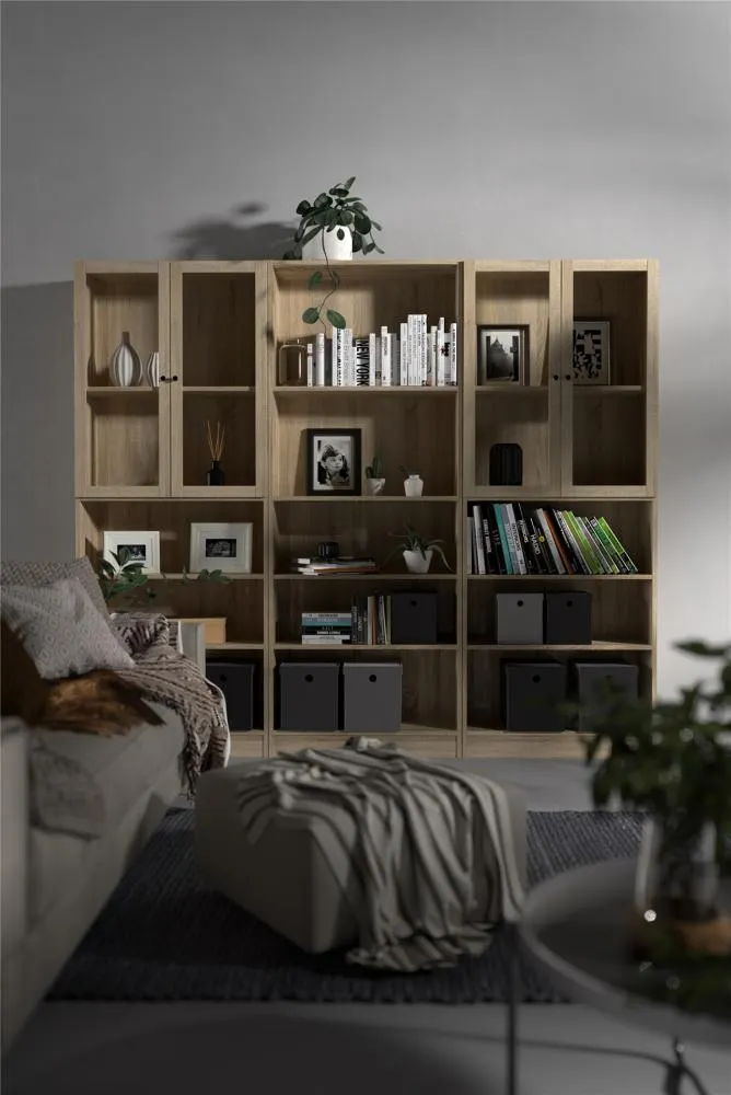 regał, regał biblioteczny, półki drewniane, szafka modułowa, wnętrze salonu