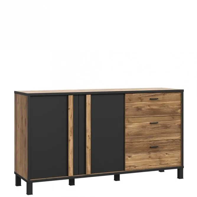 Komoda Lewa 3-drzwiowa z 3 szufladami HAYATO Czarny/Świerk Alpejski 1 Meble, Kredens, Szafka