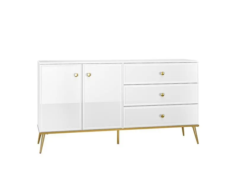 Komoda 2-drzwiowa z 3 szufladami GOLDIN 04 biały połysk na złotych nogach Meble, Kredens, Szafka, Komoda, Szuflada