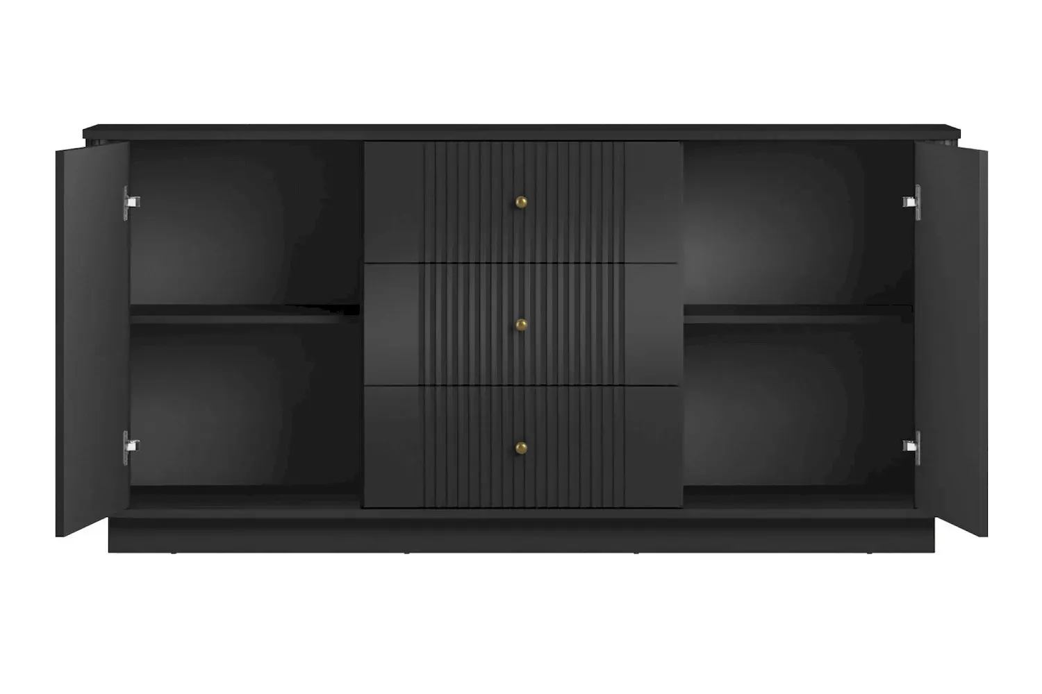 Komoda 2-drzwiowa z 3 szufladami VESPER 160 ryflowany front - czarny złote uchwyty cokół - B_169442