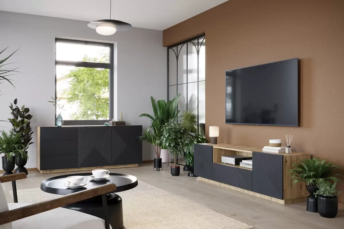 Szafka RTV ASHA 167 - szara - dąb - ryflowany front - cokół - B_50979