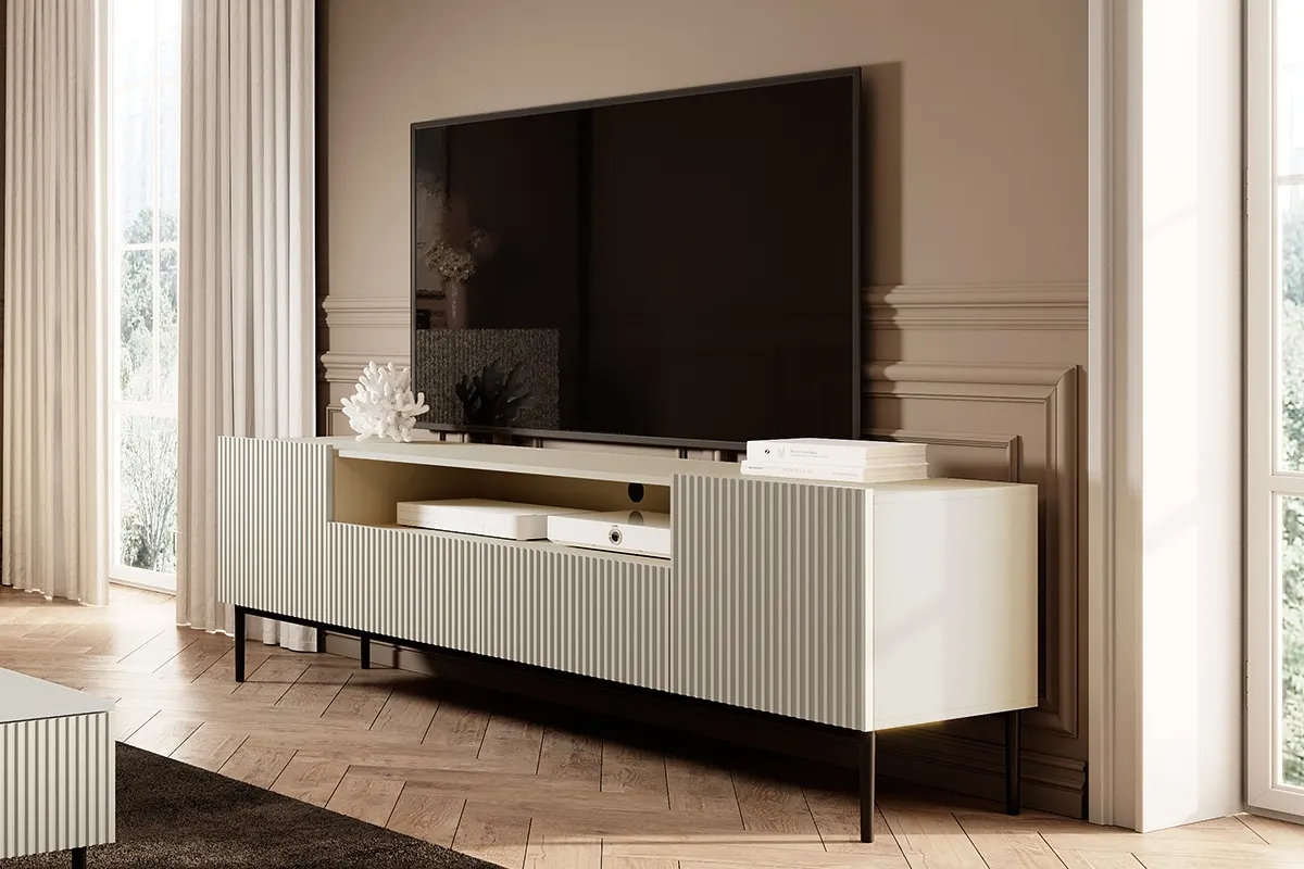 Szafka RTV NICOLE 200 z wnęką i szufladami - kremowa - czarny stelaż - B_55538