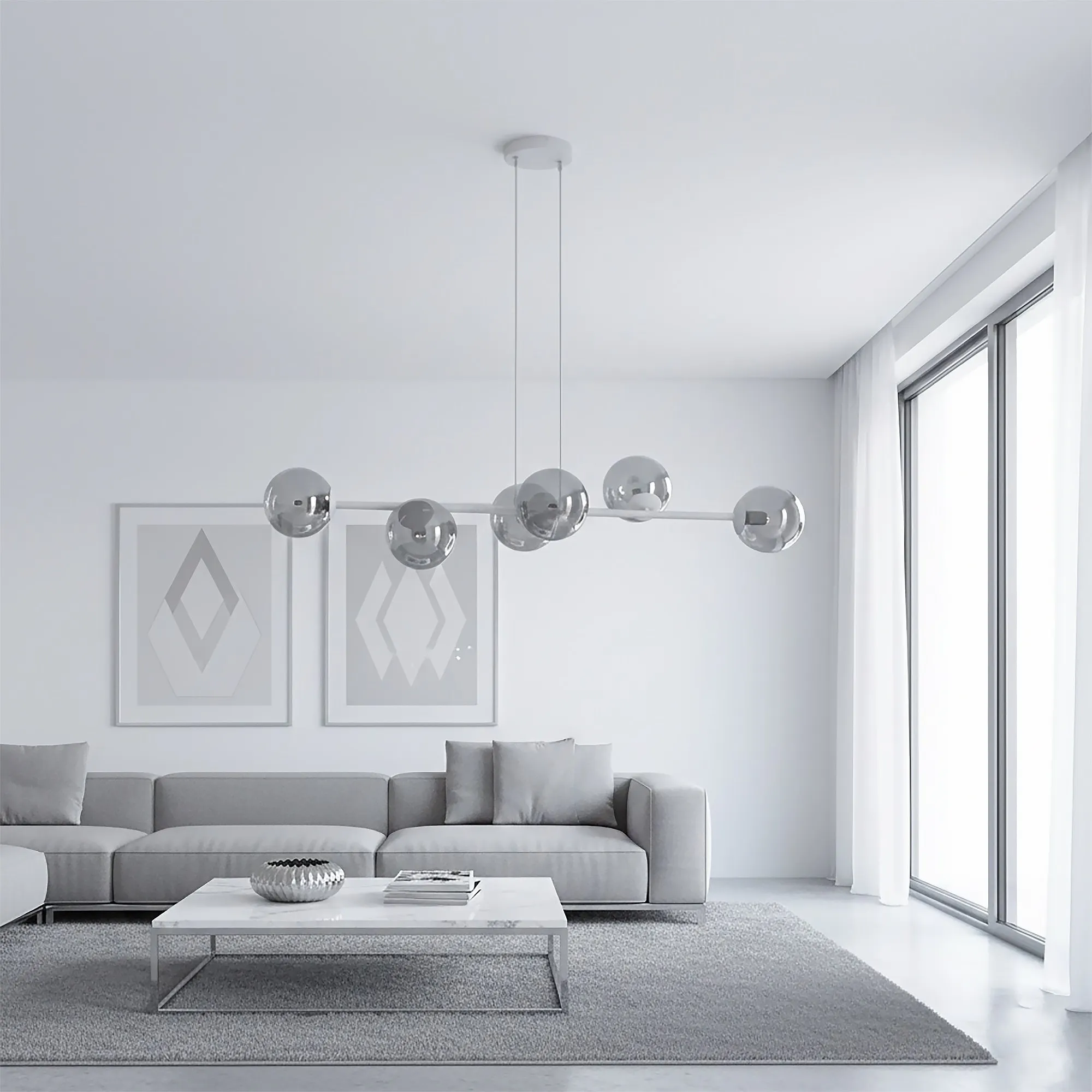 lampa sufitowa, zawieszany żyrandol, kule chromowane, salon nowoczesny, biało-szary dekor