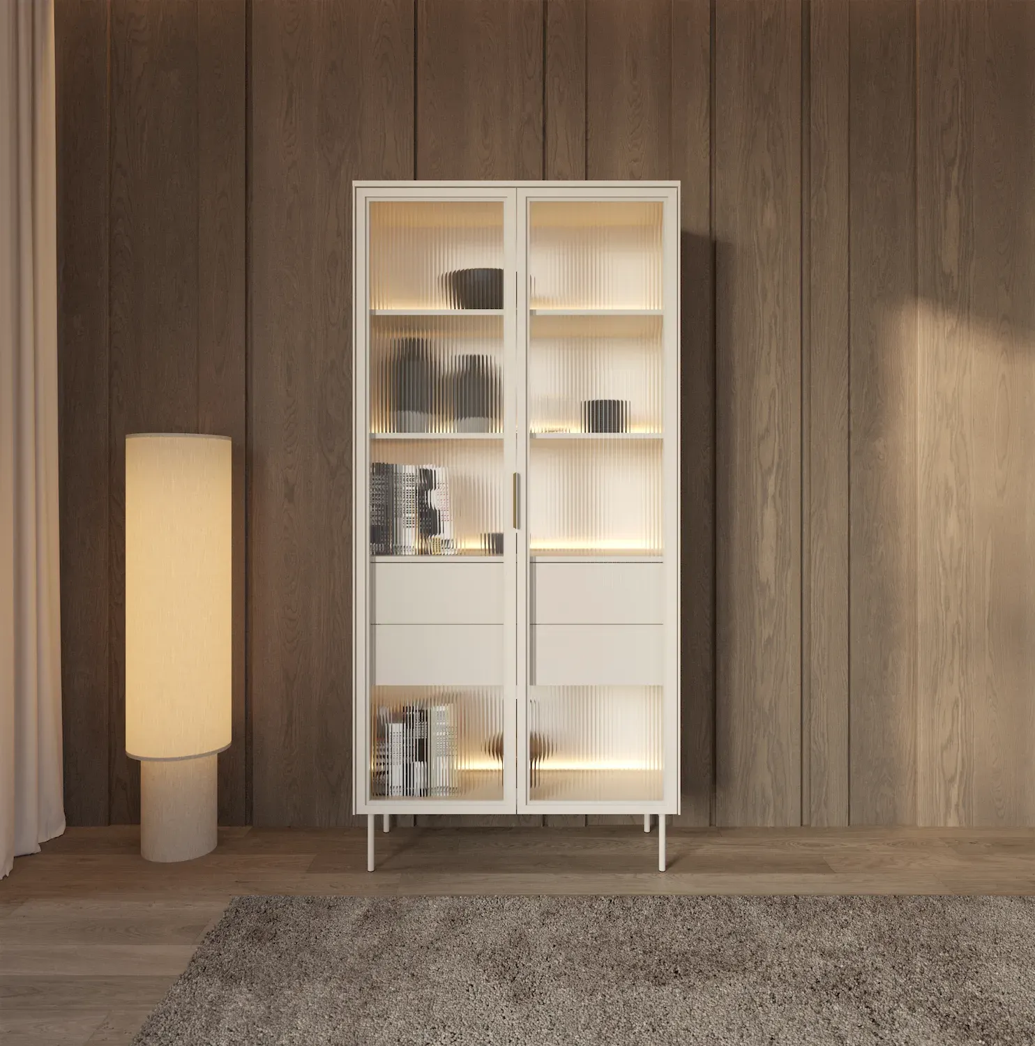 Witryna wysoka 2-drzwiowa z 2 szufladami LUMI 91cm LED kaszmir złote uchwyty - LA_LUMI_WITRYNA_WYSOKA_91_2D2S