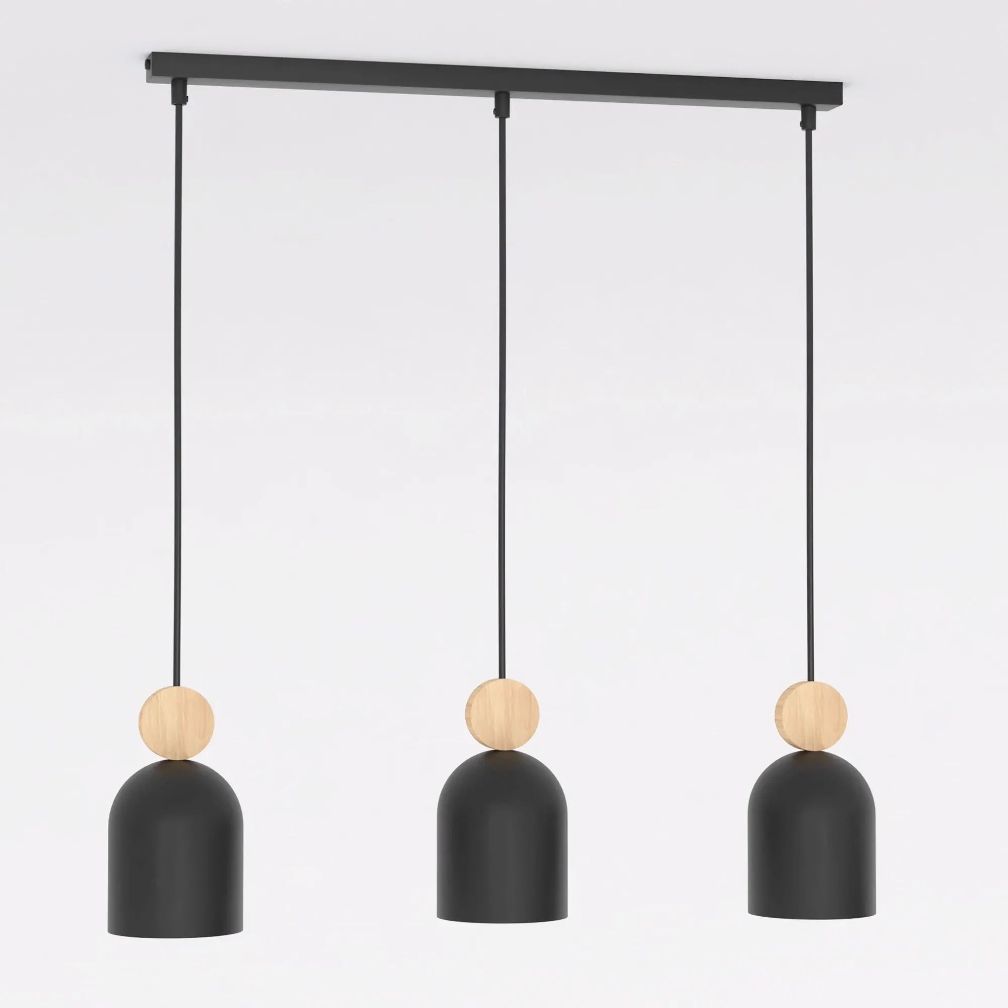 lampa wisząca, trzy elementy, czarna, drewniane dodatki, pendant lamp