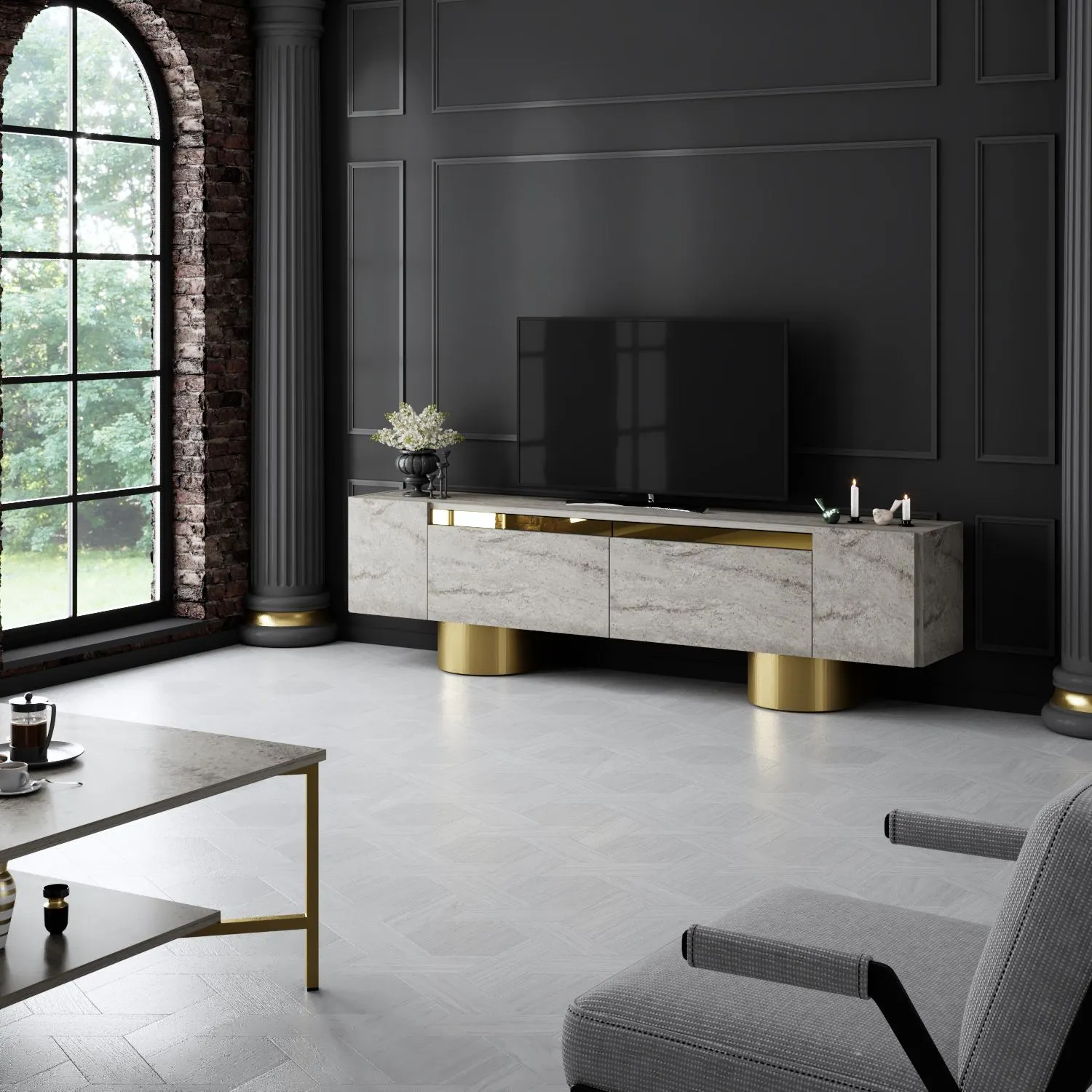 Szafka RTV z 2 klapami na blaszanych nogach BOHEM 180x50x30 cm trawertyn czarny stelaż - ASI_618BLY1262