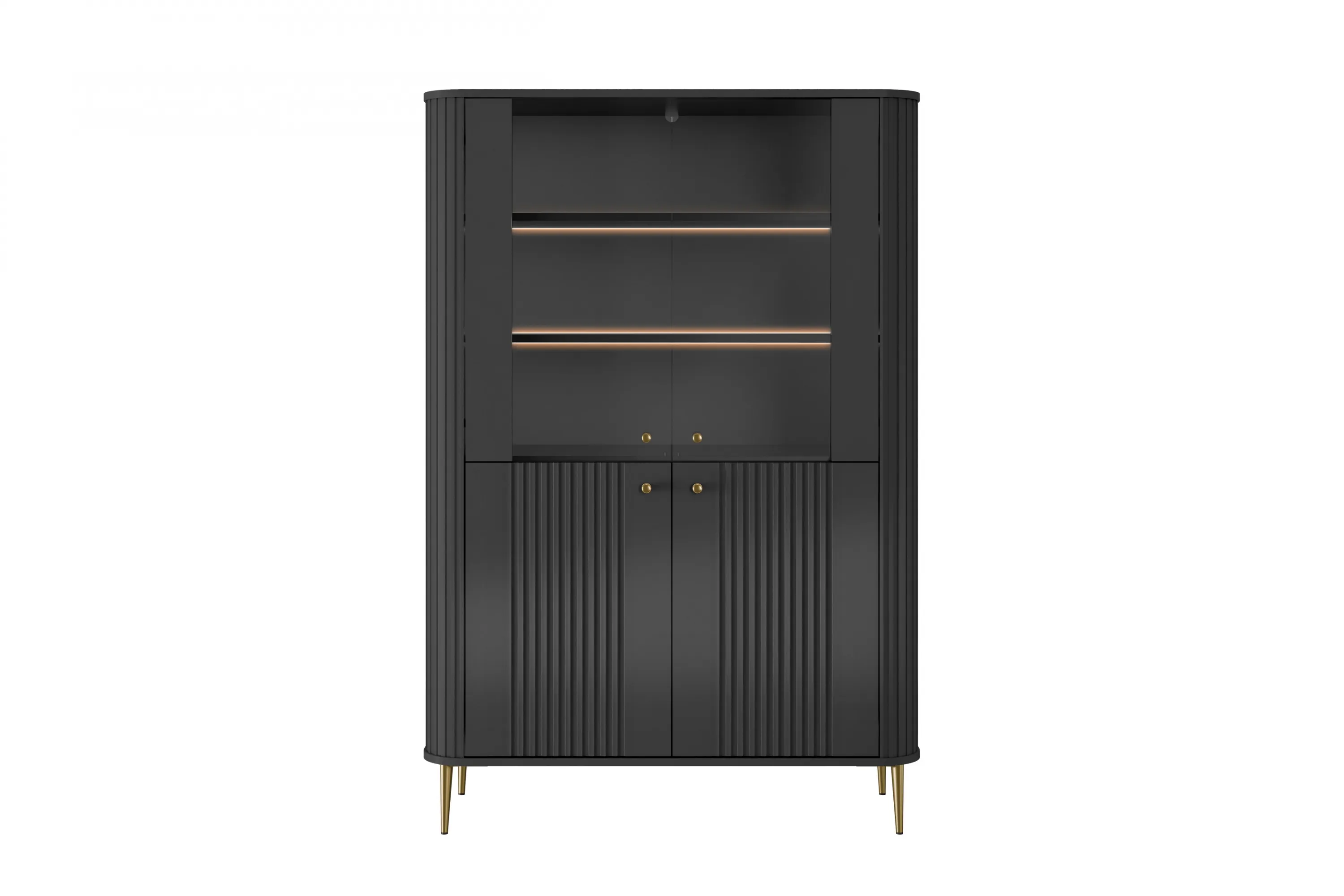 Witryna 4-drzwiowa z oświetleniem VESPER 103 ryflowany front czarny złote nogi - B_167227