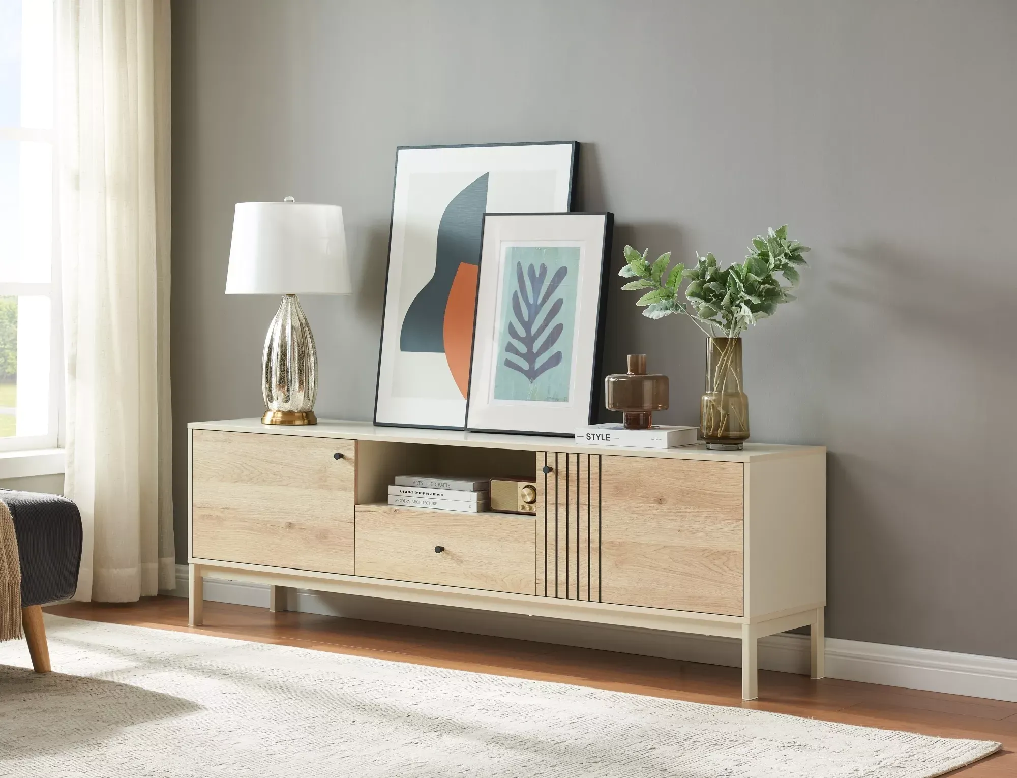 Szafka RTV FROST RTV1 z szufladą i półkami 180 cm dąb alpejski/złamana biel - FROSTRTV1