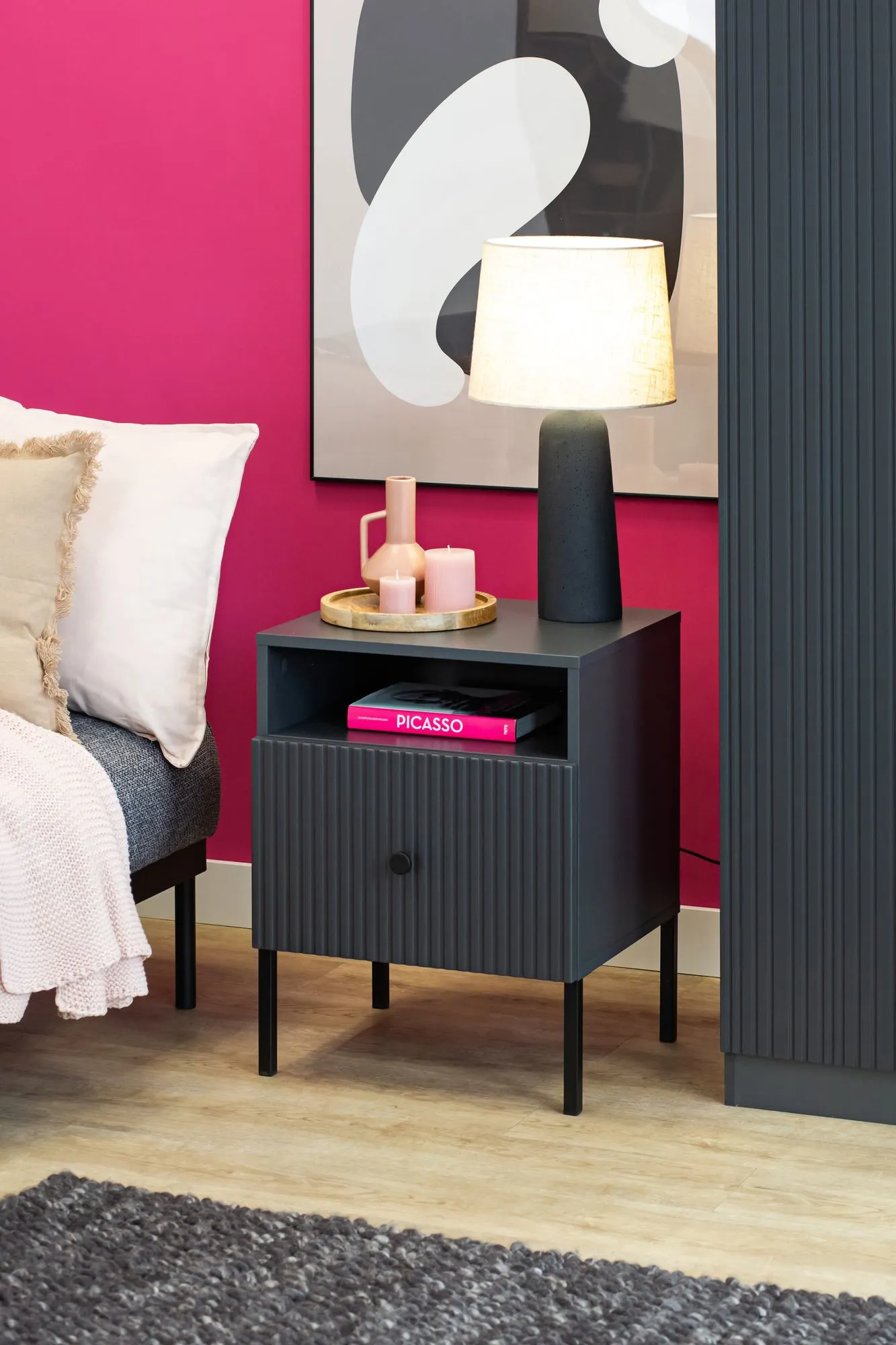 Szafka nocna z 1 szufladą VIENA ryflowany front antracyt - INT_5003205