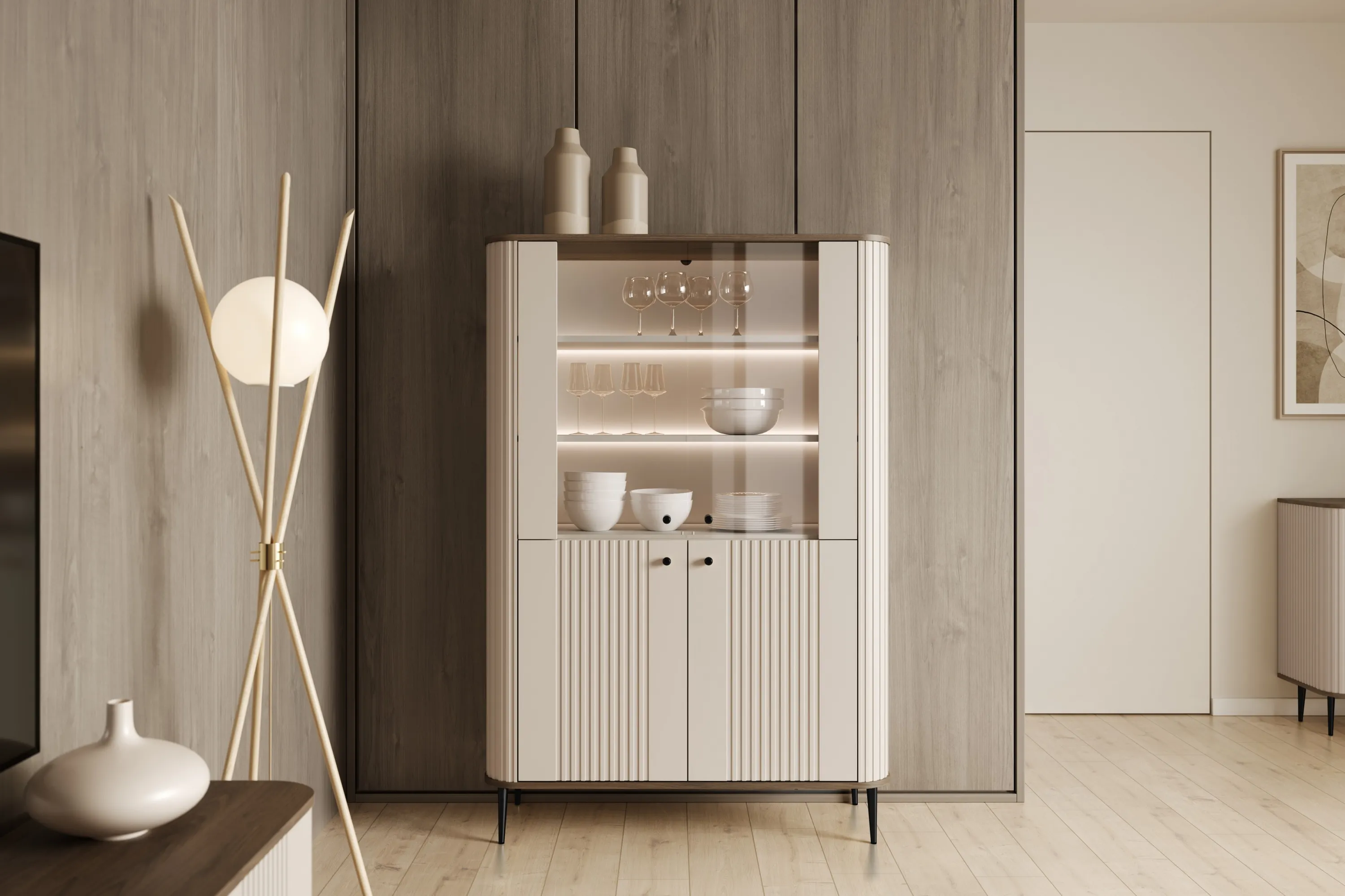 Witryna 4-drzwiowa z oświetleniem VESPER 103 ryflowany front cashmere orzech czarne nogi - B_167224