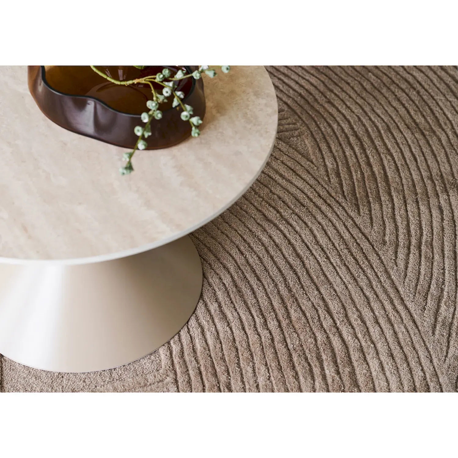 Stolik kawowy okrągły ANNECY 70cm ceramika stal trawertyn piaskowy - 2102196