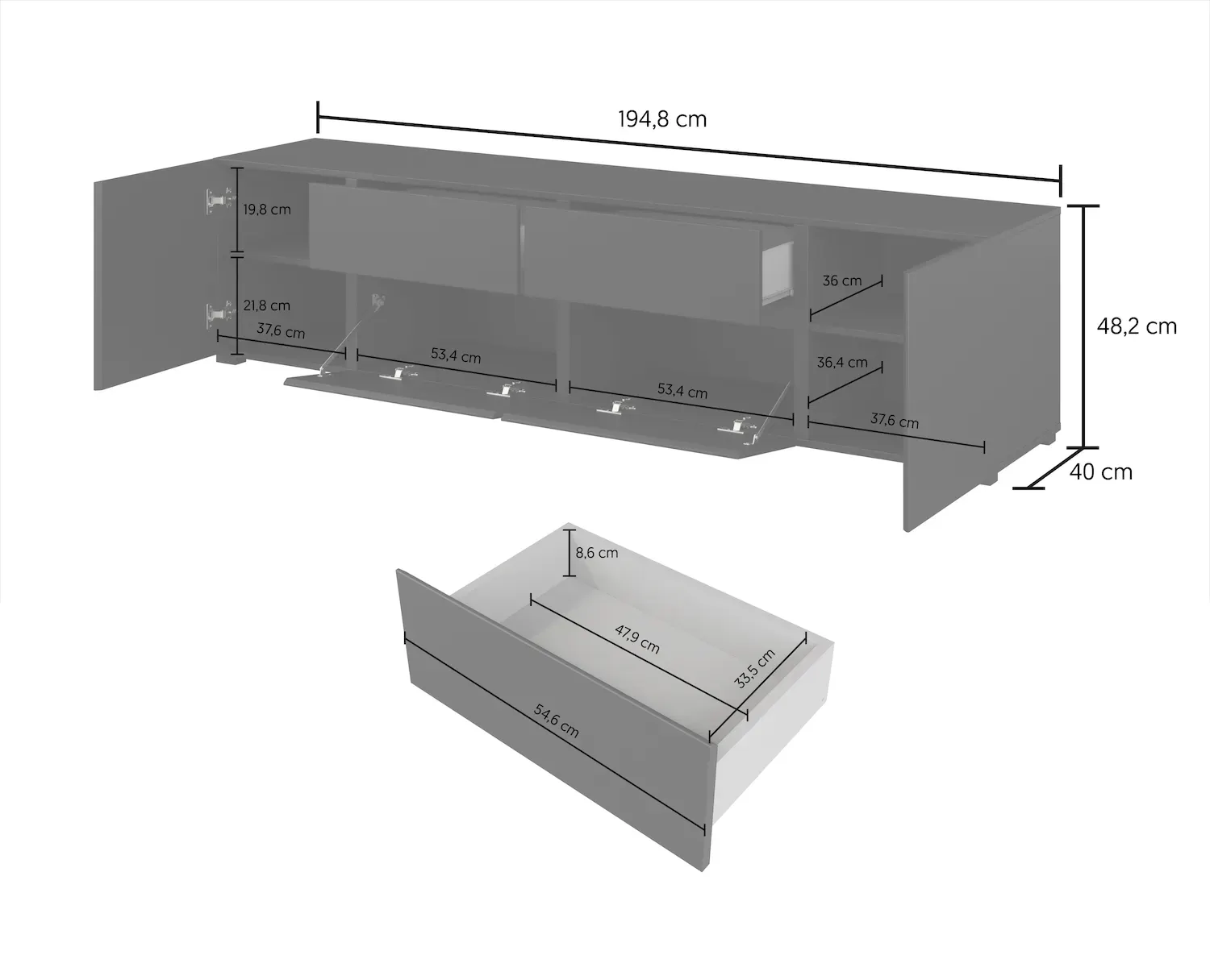 Szafka RTV 4-drzwiowa z 2 szufladami ASYMETRIC czarny onyks - 24W3OA39
