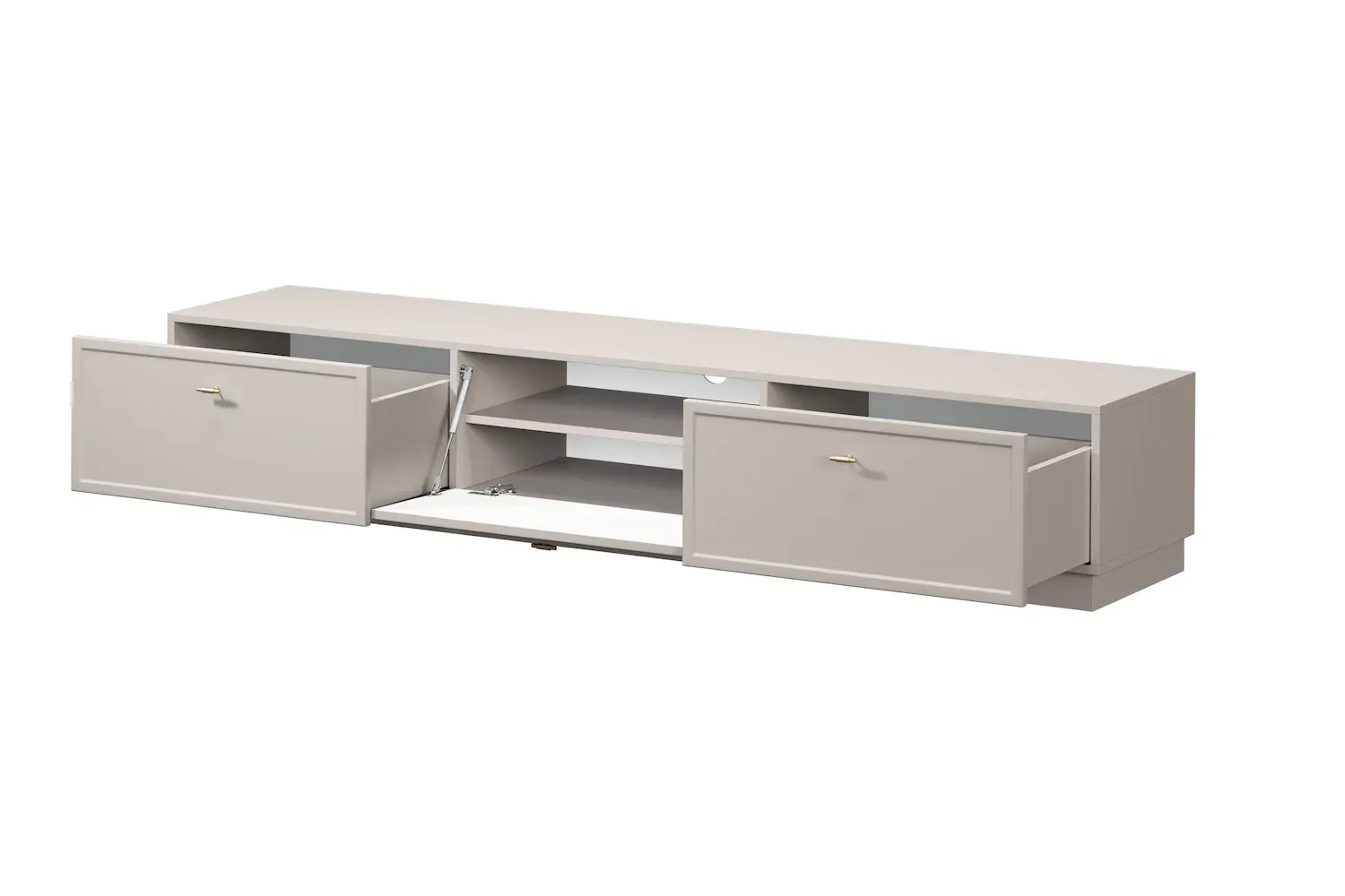 Szafka RTV z klapą i 2 szufladami LORINI 200 - cashmere uchwyt T-bar złoty cokół - B_166783