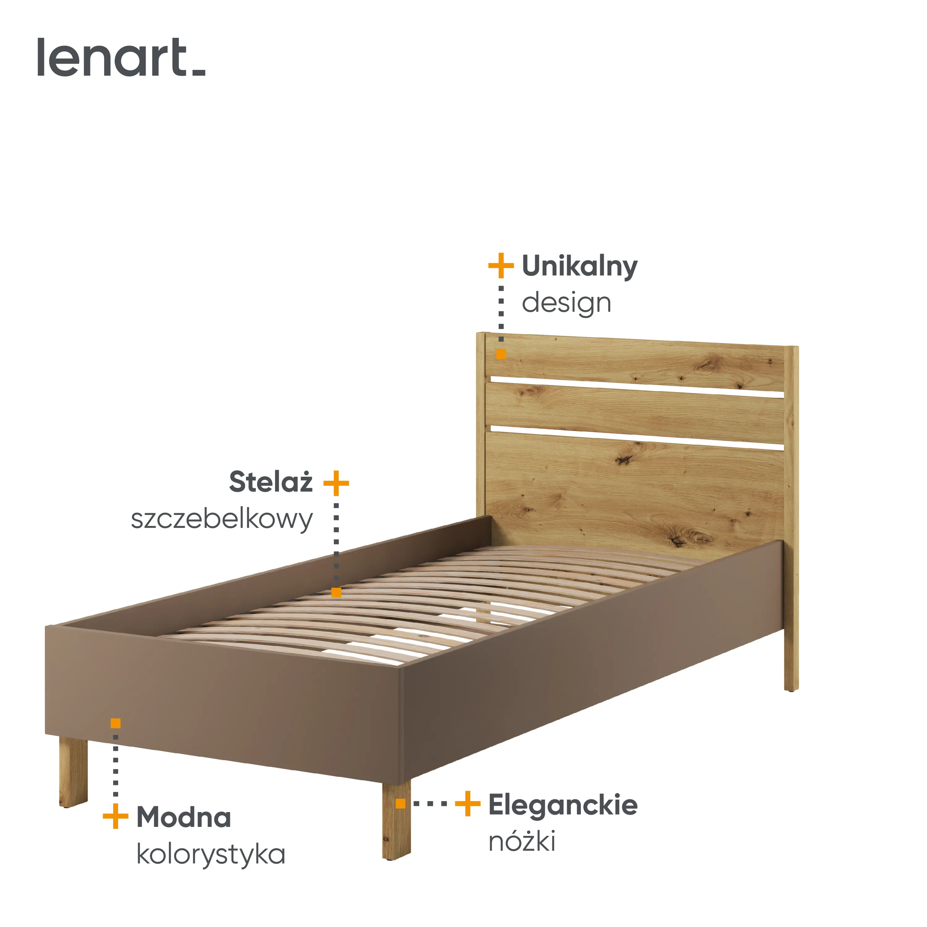 Łóżko ze stelażem Lenny LY-10 90x200 dąb artisan/beż - LY10ABT