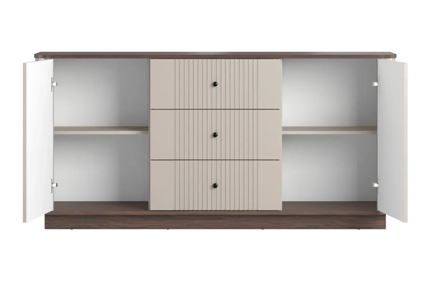 Komoda 2-drzwiowa z 3 szufladami VESPER 160 ryflowany front - cashmere orzech czarne uchwyty cokół - B_169441