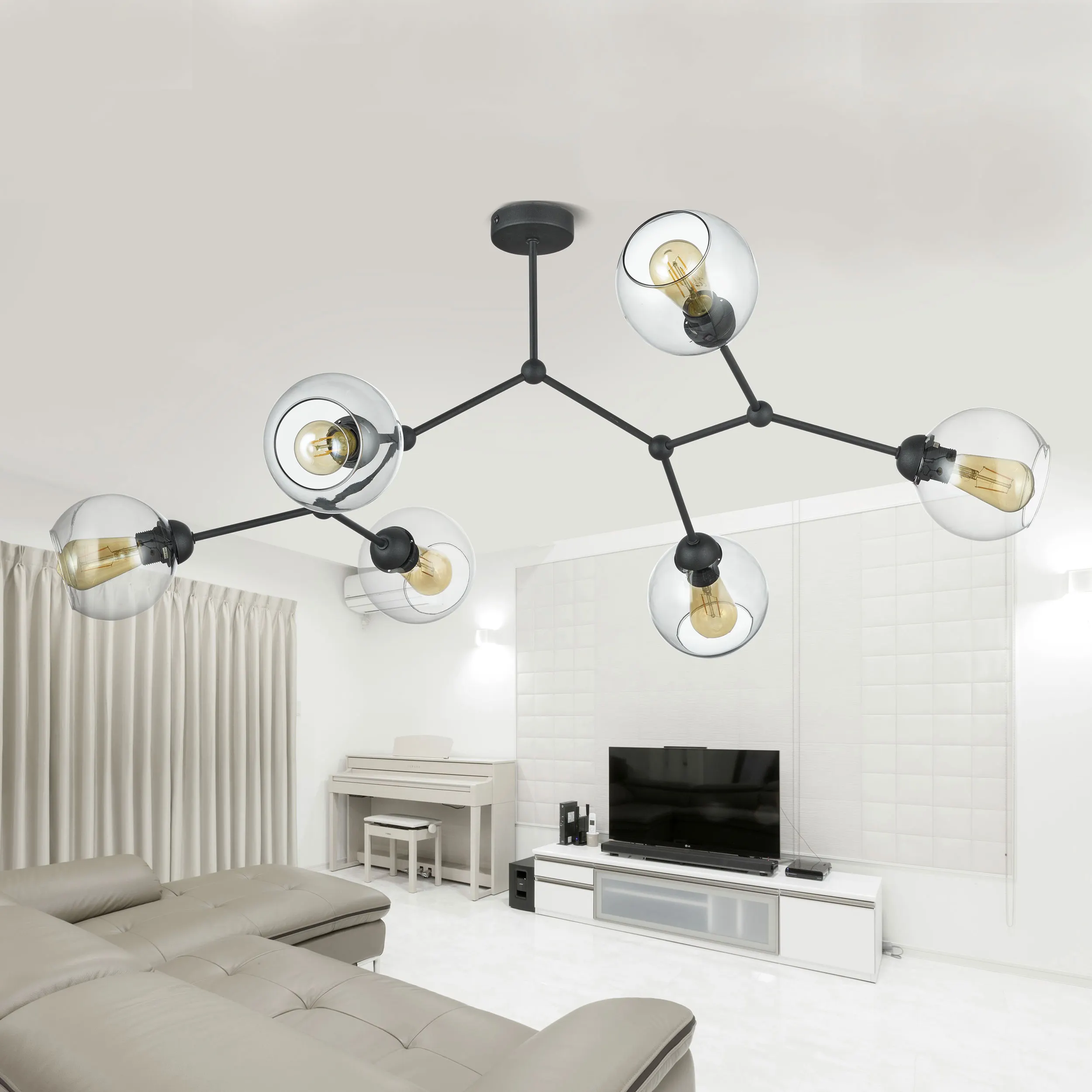 Lampa sufitowa FAIRY czarna z transparentnymi szarymi szklanymi okrągłymi kloszami 198x86x55cm - TK_2731