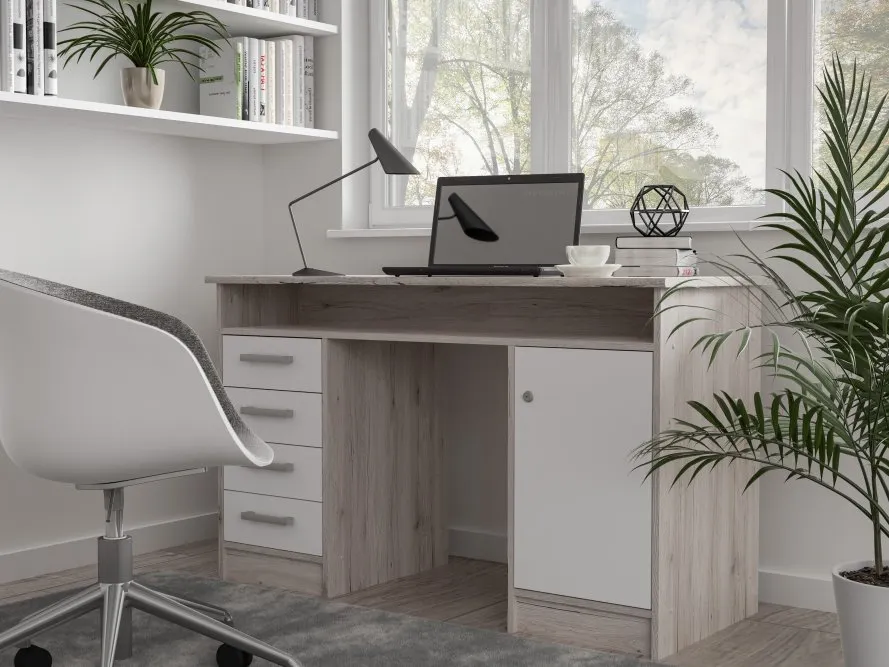 Biurko NET106 z szafką, 4 szufladami i półką - efekt drewna, biały - MT931-T19