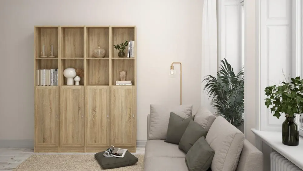 regał modułowy, szafka drewniana, wolnostojąca półka, sofa narożna, dekoracje