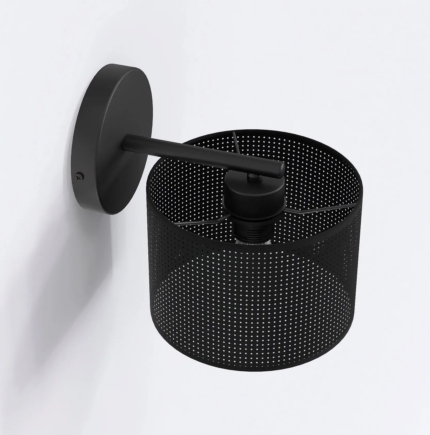 lampa-nocna, aplikacja-scienna, kosz-perforacja, metalowy-swietlacz, czarna-lampa
