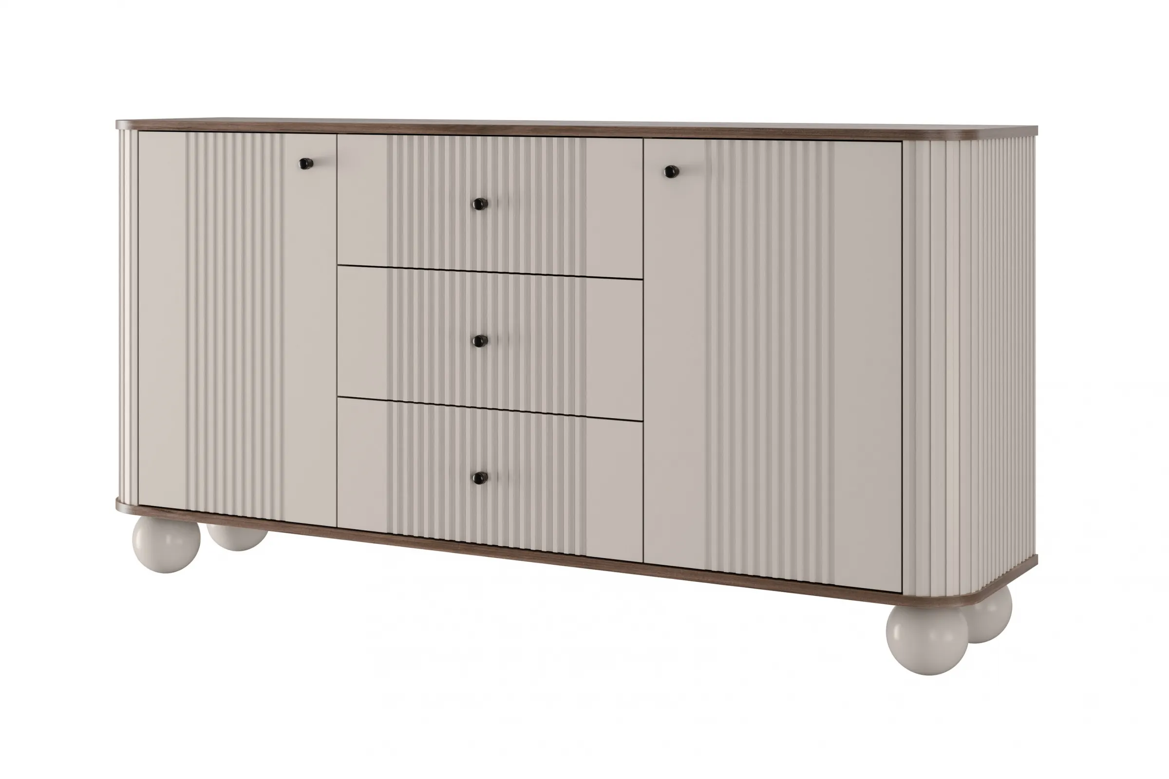 Komoda 2-drzwiowa z 3 szufladami VESPER 160 ryflowany front cashmere orzech czarne uchwyty nogi kule Meble, Kredens, Szafka, Szuflada, Komoda