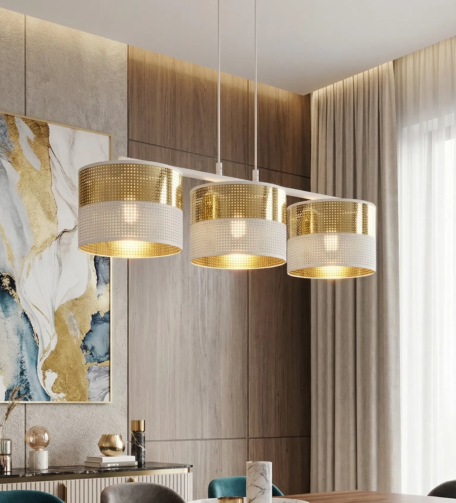 Lampa wisząca LUX 3 WH GOLD z abażurem biała złota - 1650/3