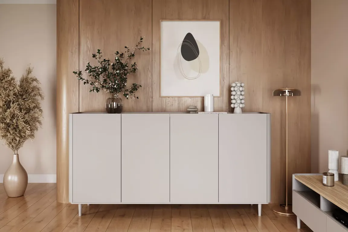 Komoda 4-drzwiowa ELIVO 200cm drewniane nóżki cashmere dąb olejowany — zdjęcie 9