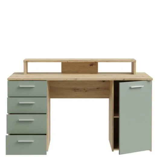 Biurko NET106 z szafką, 4 szufladami i nadstawką - dąb artisan, miętowy - MT980-M888