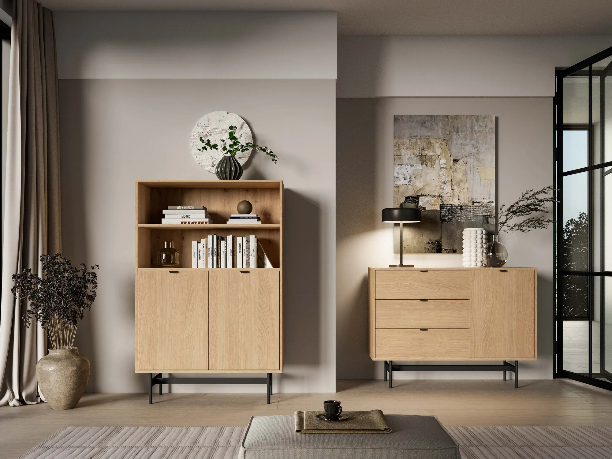 regał, szafka, drewniane, komplet mebli, modern living