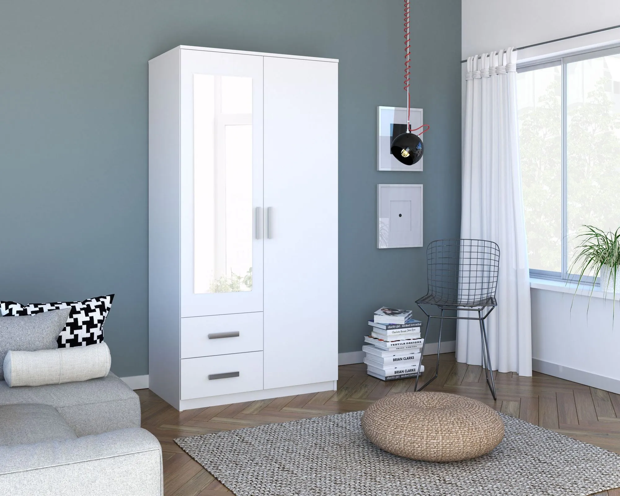 Szafa 2-drzwiowa z 2 szufladami i lustrem TAMINA biała - INT_5002940BIP