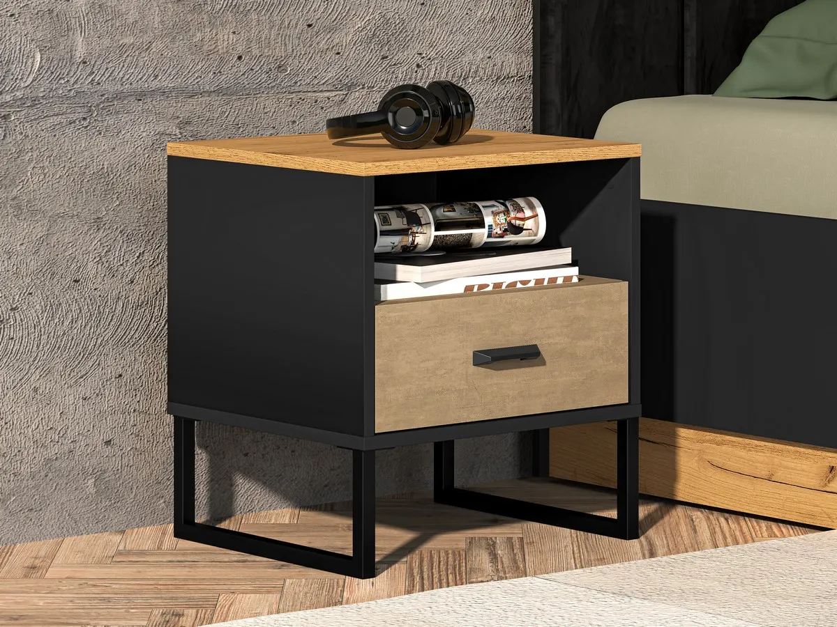Szafka nocna z szufladą Colt 08 dąb craft złoty, czarny, stal premium - 1COLT08-001
