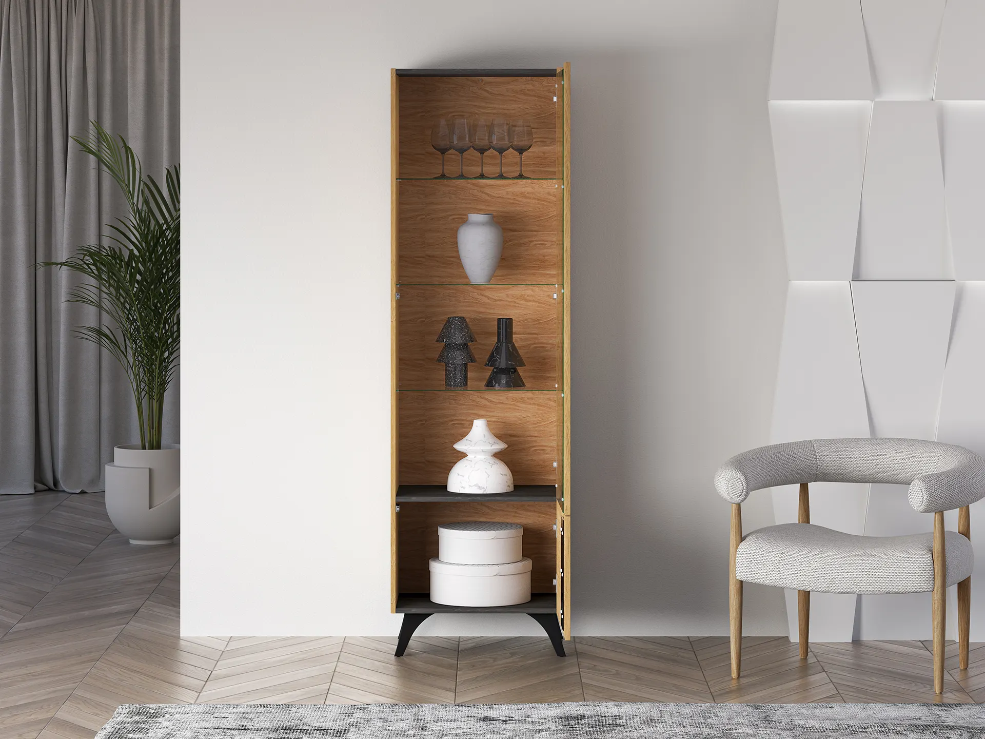 Witryna 1-drzwiowa TOSCANIA 02 prawa dąb baltic dune jesion prestige czarny - 1TOSC02P-001