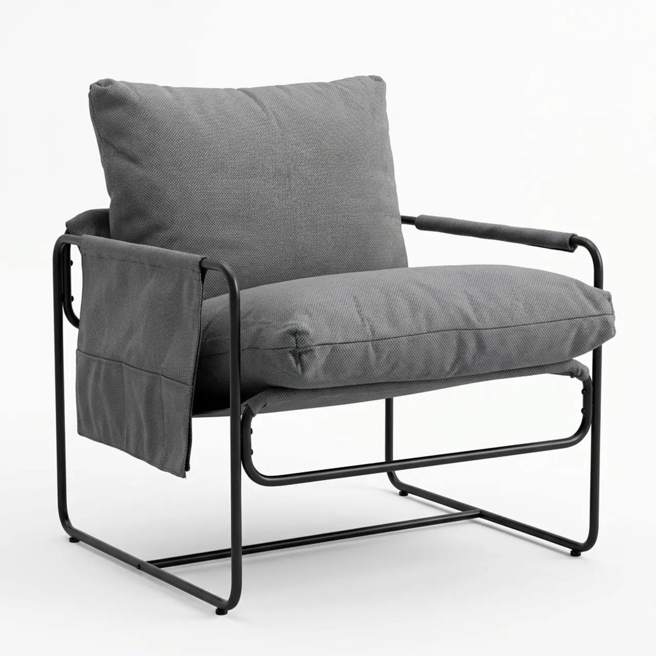 image fotel, sofa, metalowy stelaż, szary materiał, poduszka