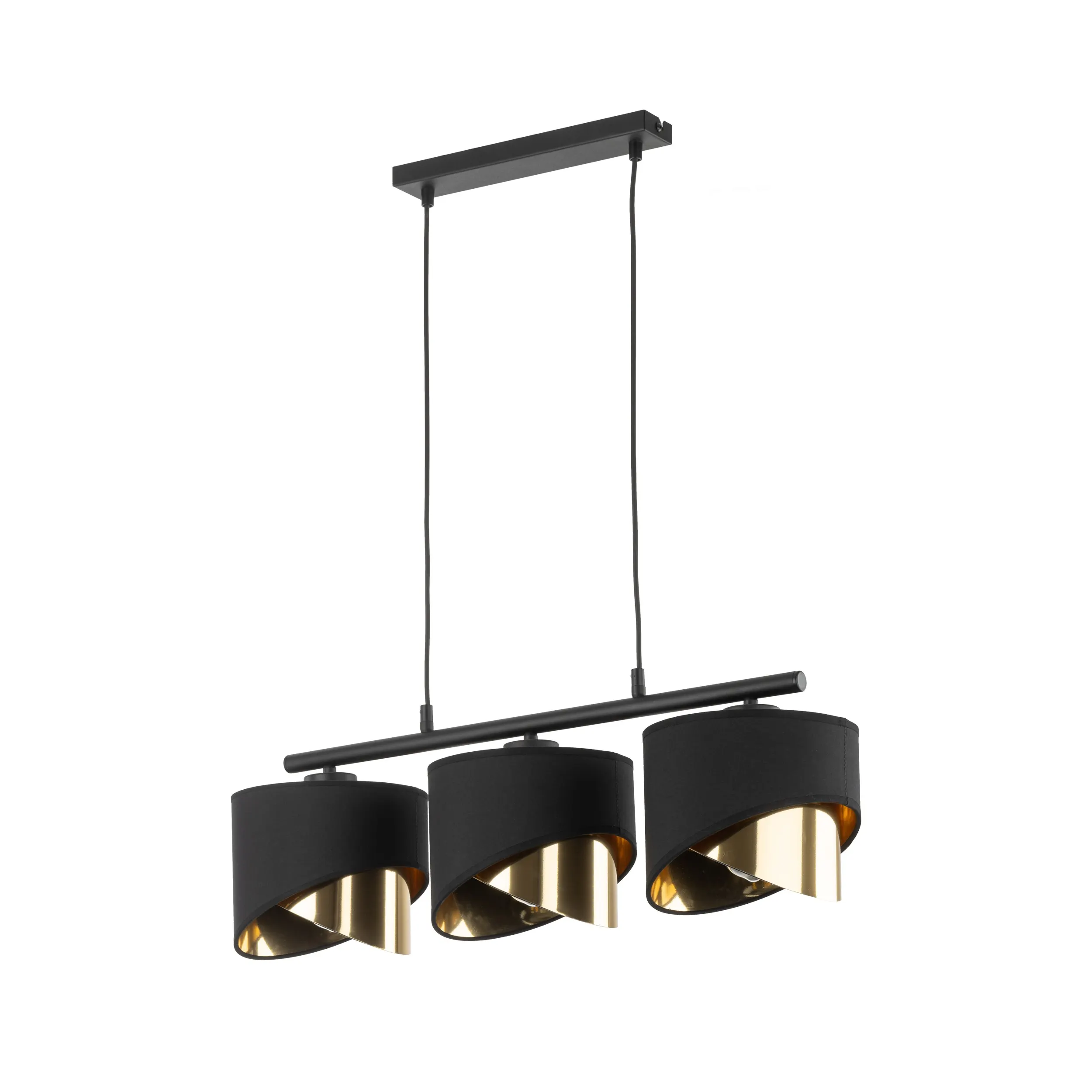 Lampa wisząca GRANT czarna na metalowej listwie złote elementy potrójna 80x70x20cm