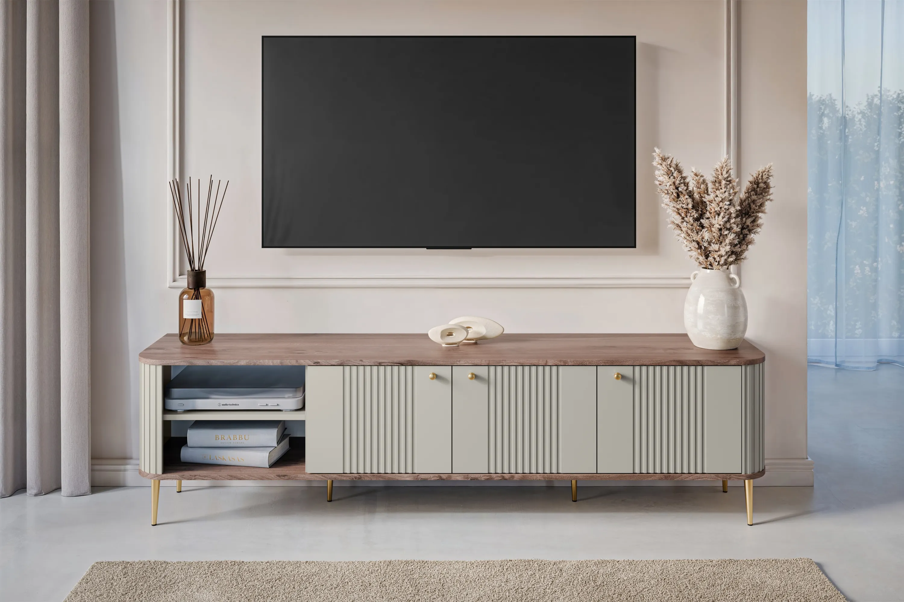 Szafka RTV 3-drzwiowa VESPER RTV 187 ryflowany front cashmere orzech złote nogi - B_163670