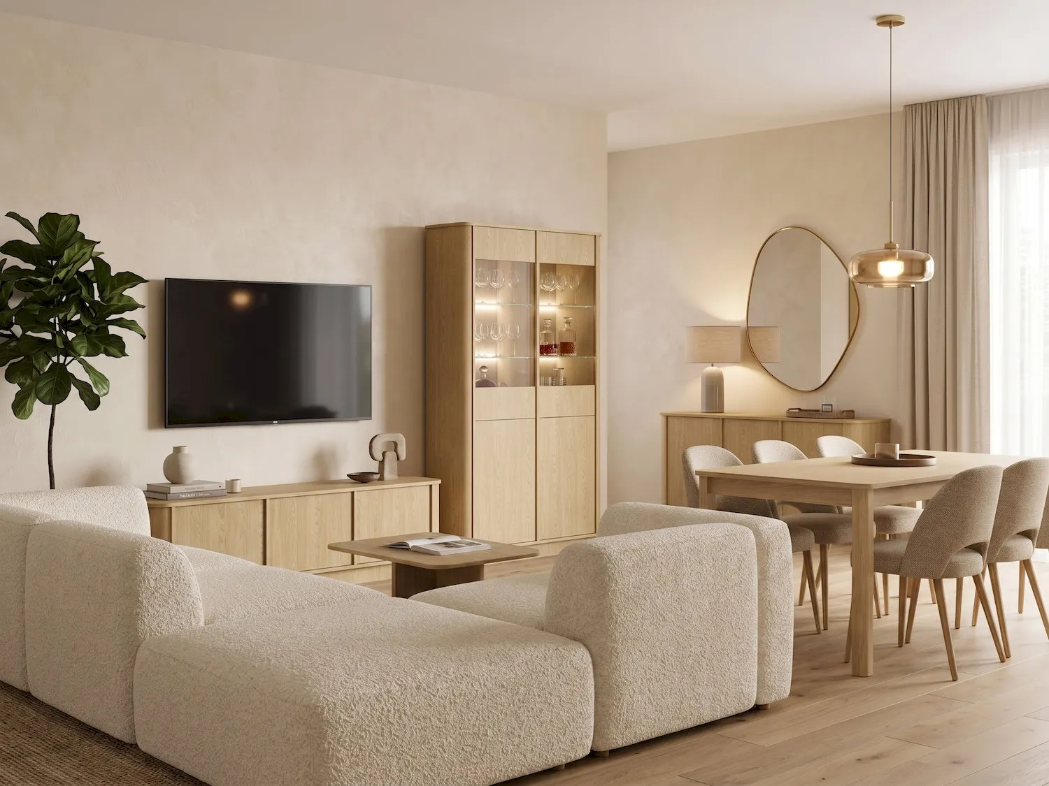 sofa, living room, tv cabinet, wooden furniture, round mirror