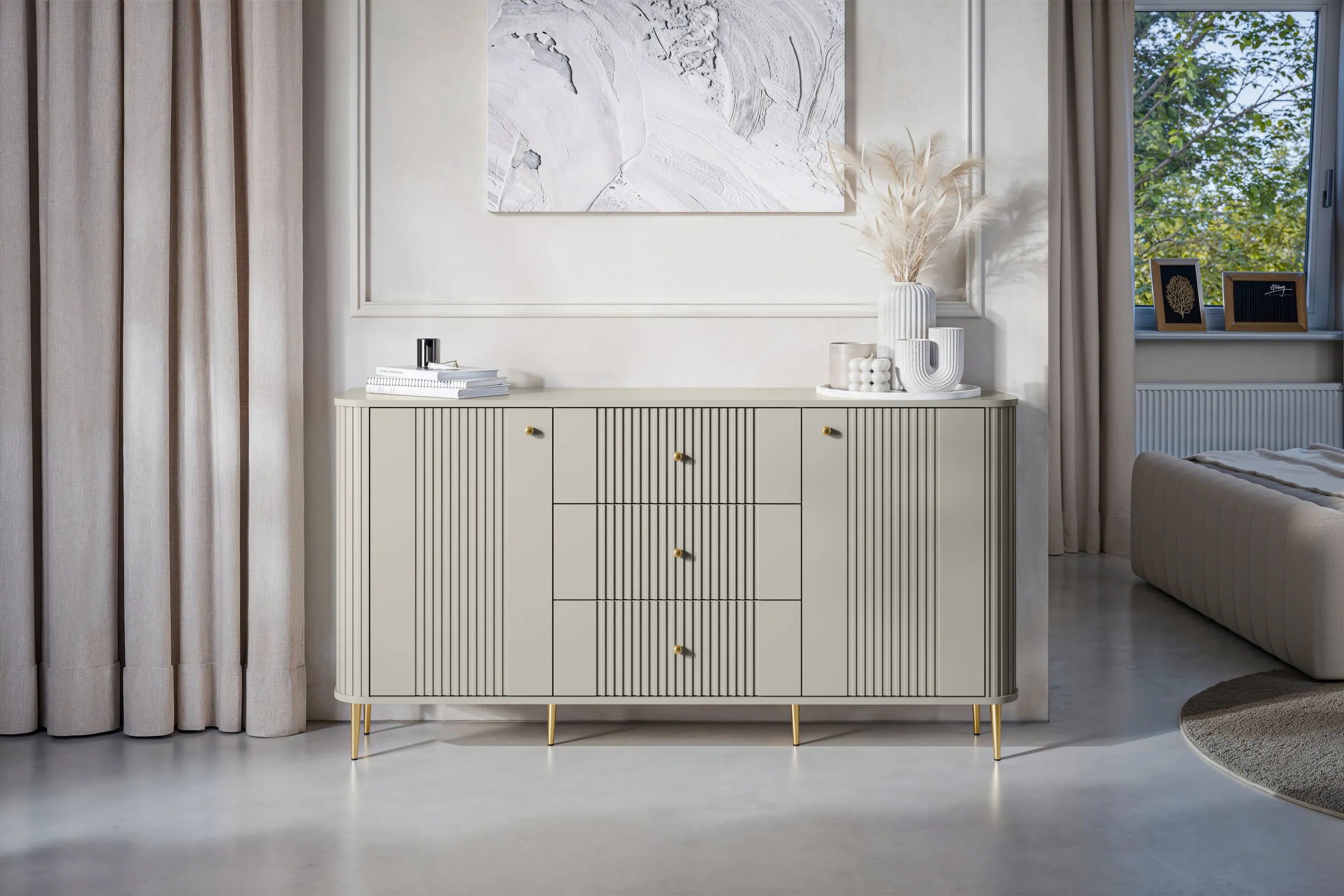 Komoda 2-drzwiowa z 3 szufladami VESPER 160 ryflowany front cashmere złote nogi - B_163596