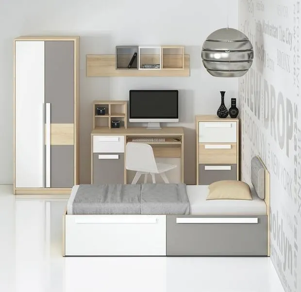 Łóżko z szufladami DROP 17 z szufladami 90x200 buk fjord, biały, szary - 1DROP1702-001