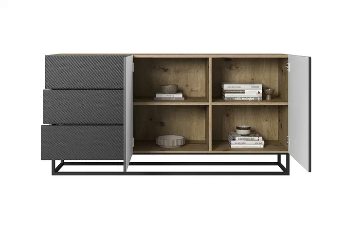 Komoda 2-drzwiowa z 3 szufladami ASHA 167 z szufladami - szara - dąb artisan z czarnym stelażem - ryflowany front - B_57066